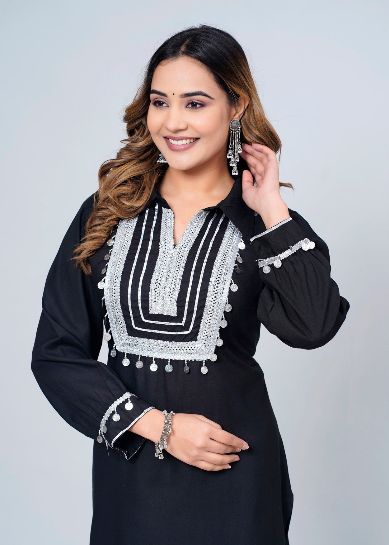 Elegant Black Rayon Pathani Suit Set with White Lace Detailing