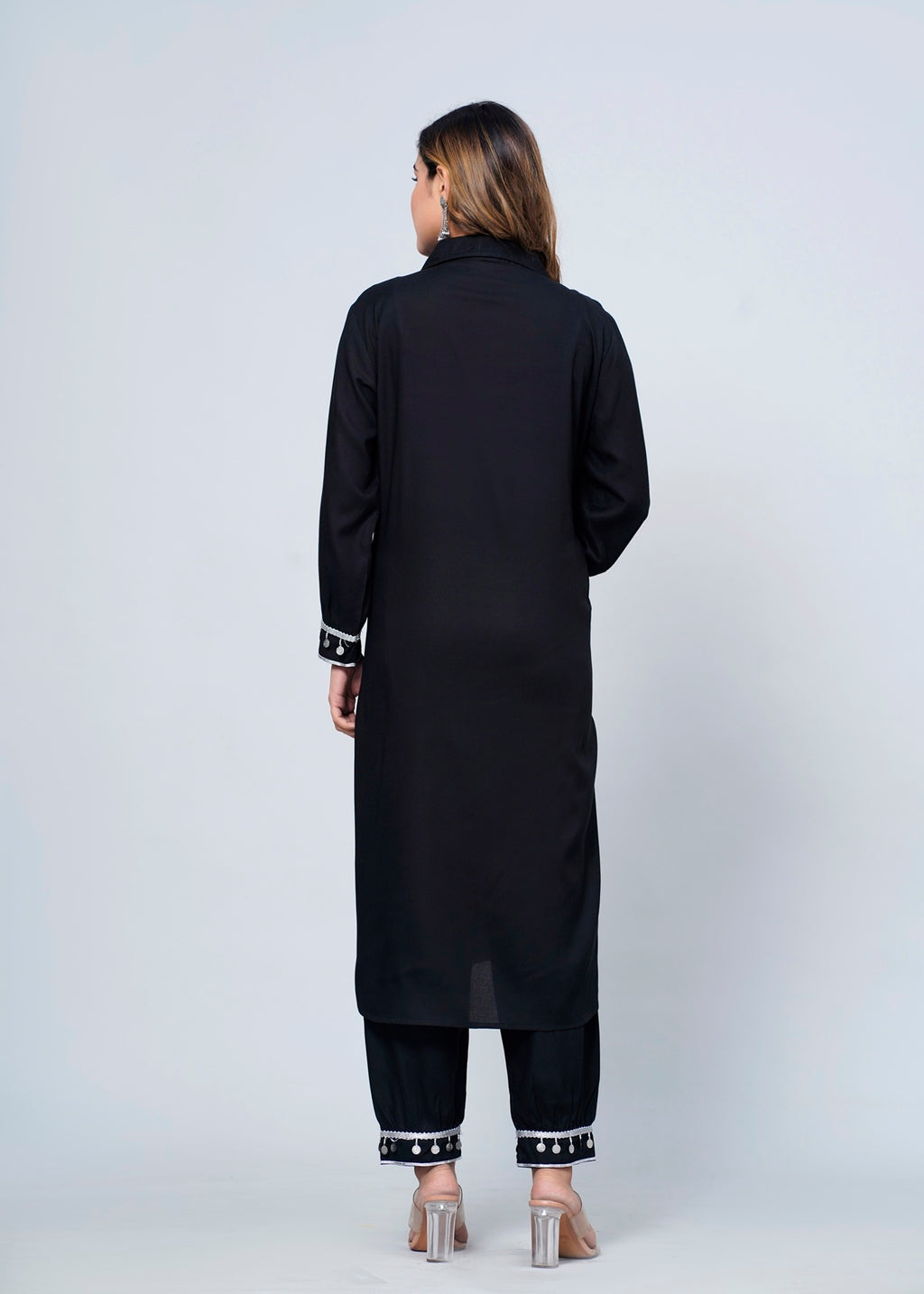 Elegant Black Rayon Pathani Suit Set with White Lace Detailing