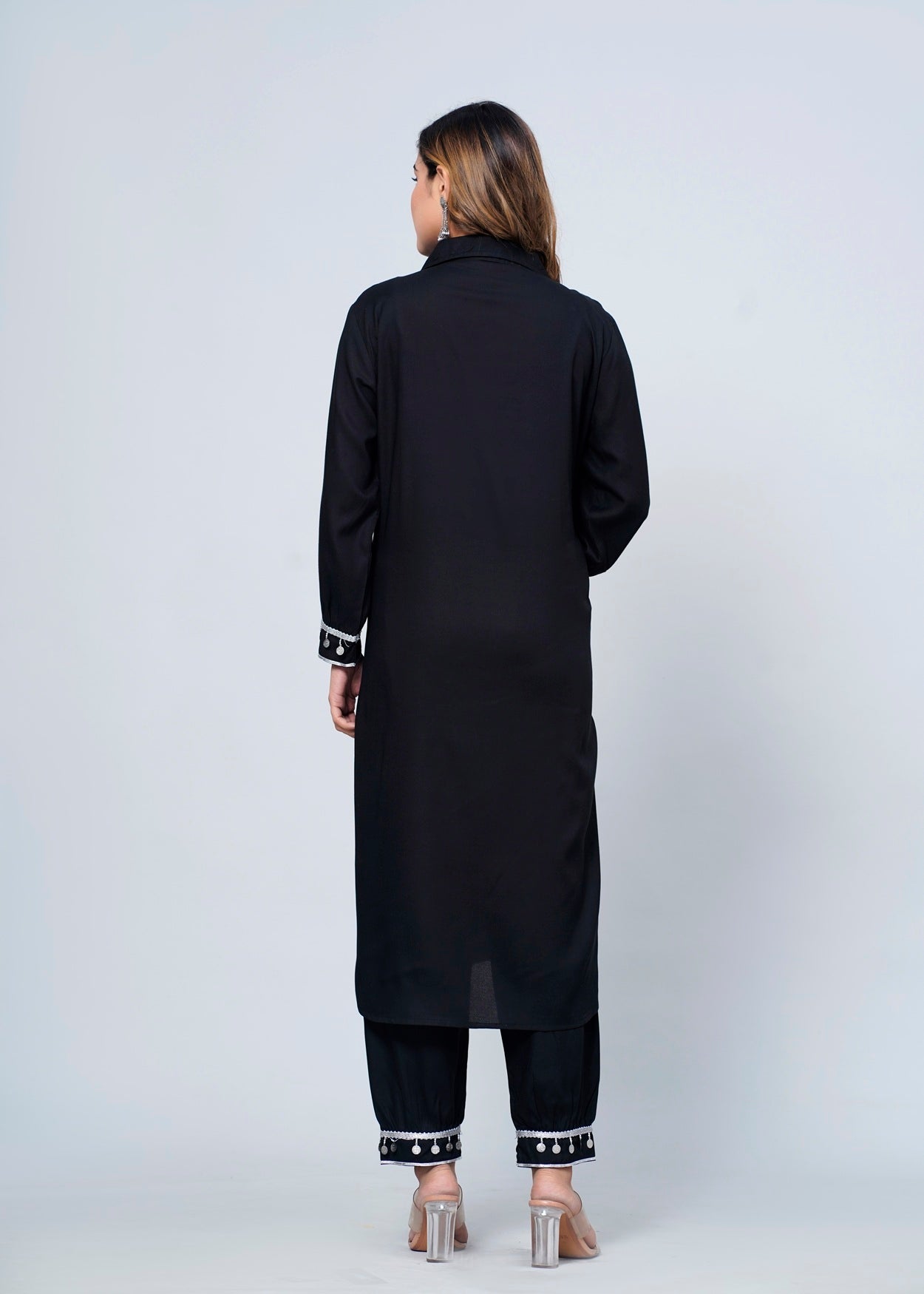 Elegant Black Rayon Pathani Suit Set with White Lace Detailing