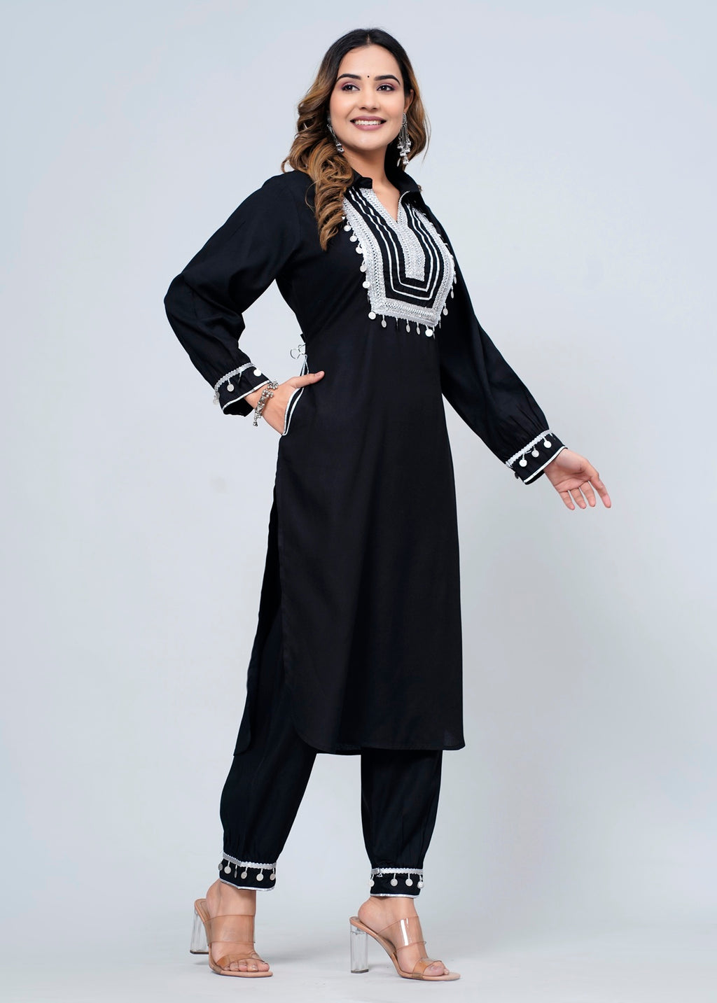 Elegant Black Rayon Pathani Suit Set with White Lace Detailing