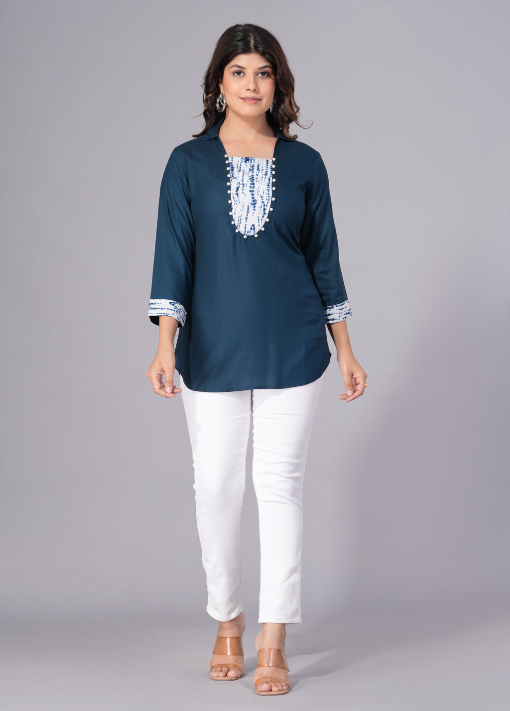 Indigo Grace Rayon Embellished Tunic Top