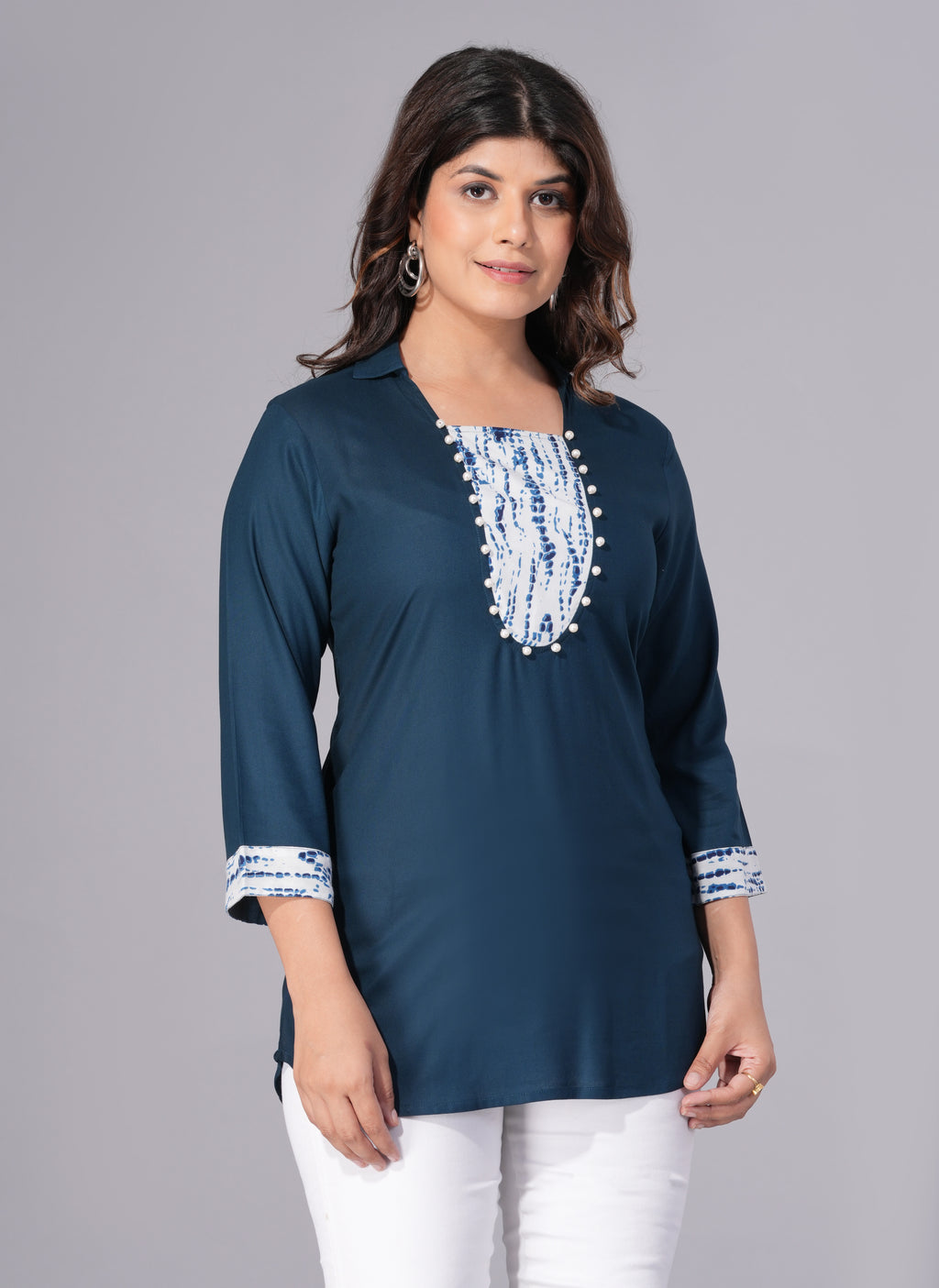Indigo Grace Rayon Embellished Tunic Top