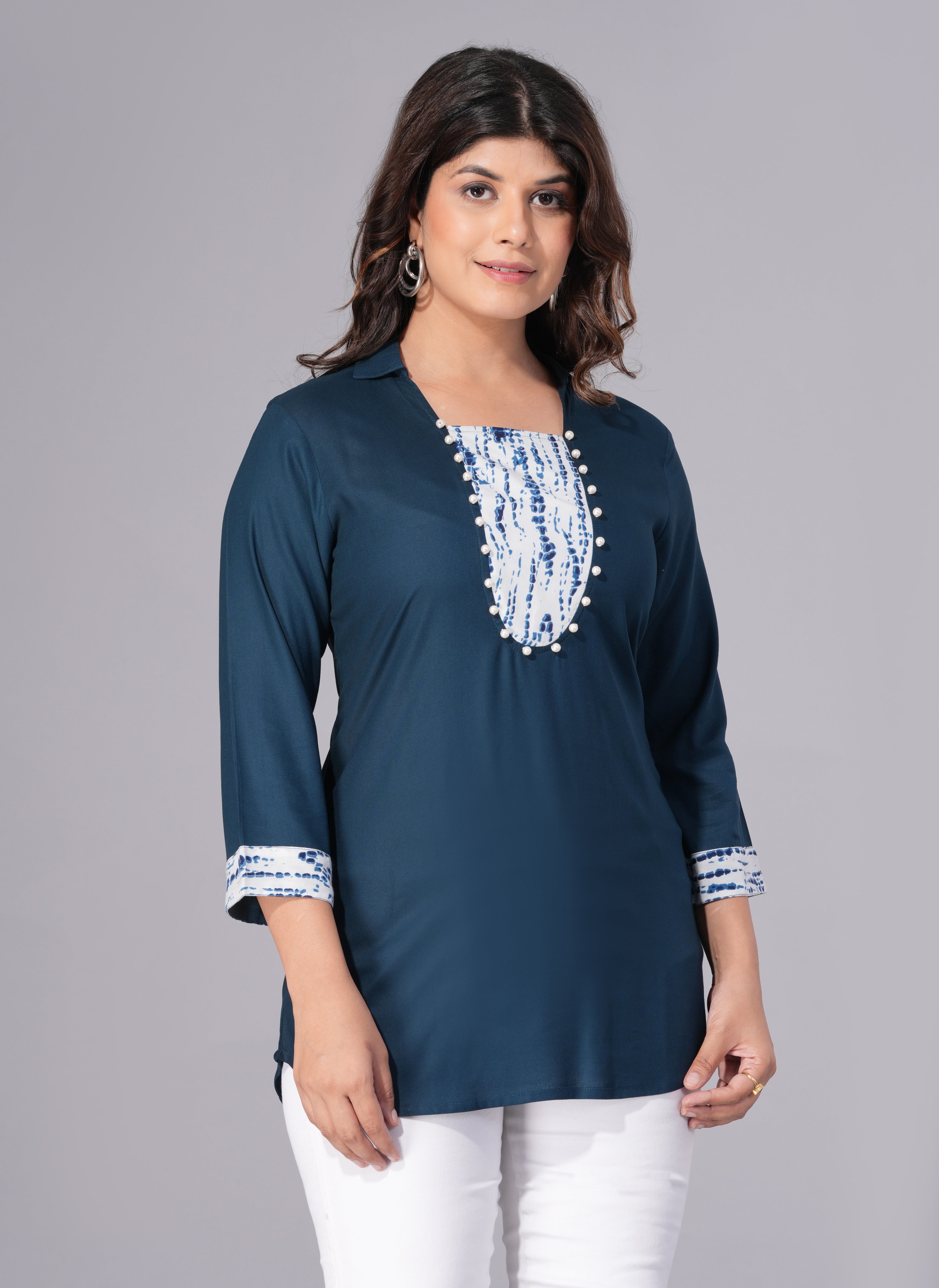 Indigo Grace Rayon Embellished Tunic Top