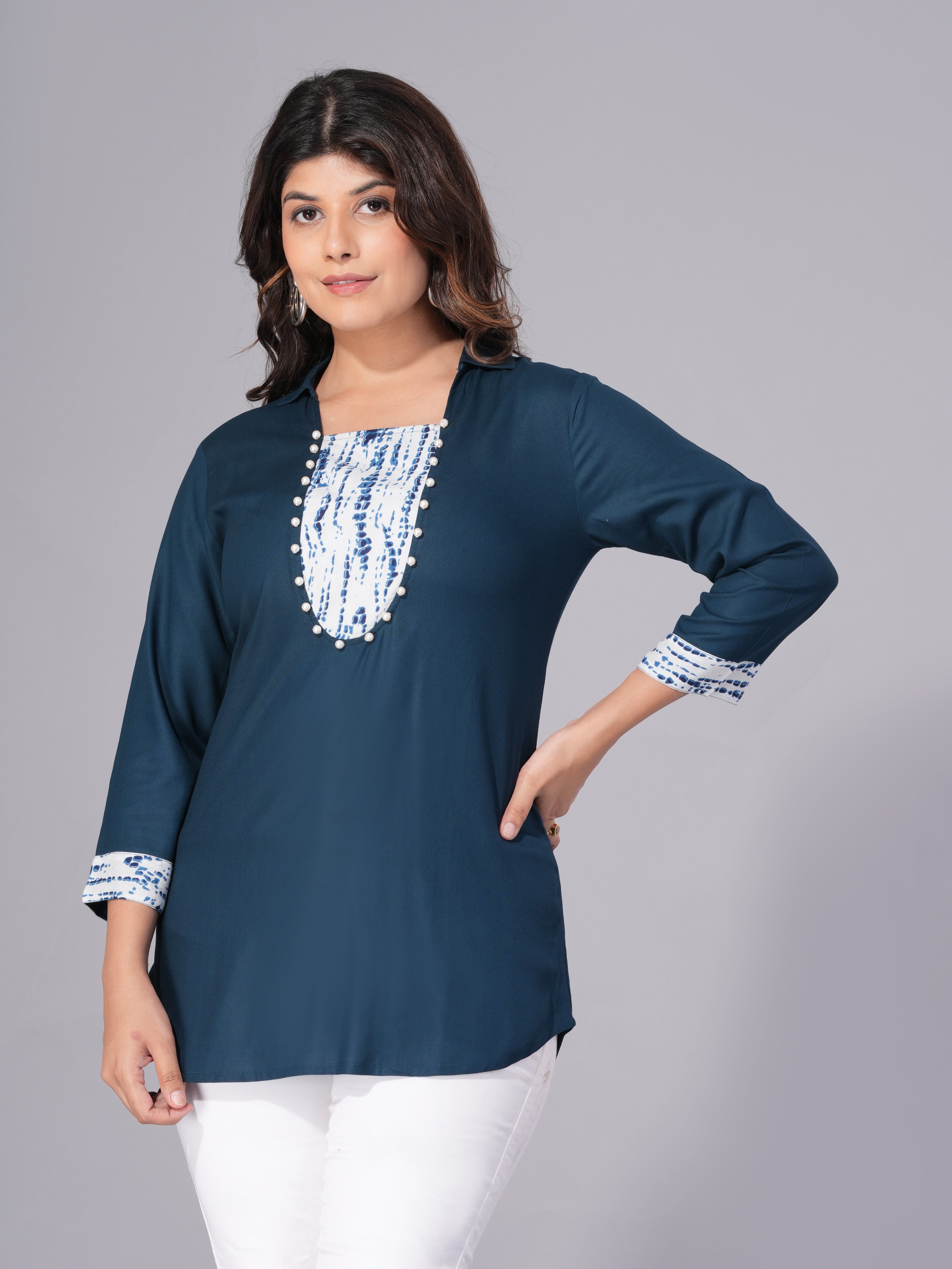 Indigo Grace Rayon Embellished Tunic Top