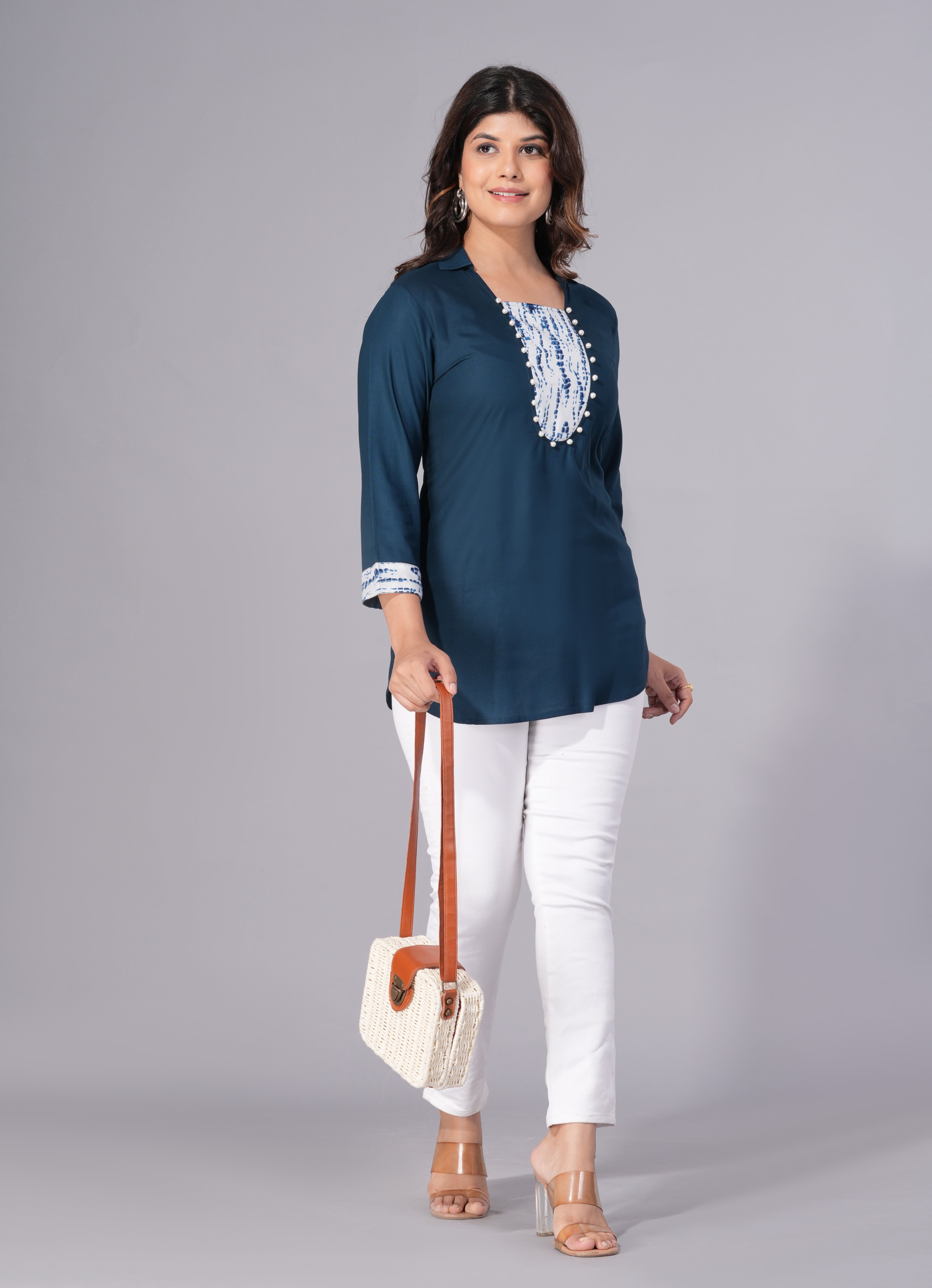 Indigo Grace Rayon Embellished Tunic Top