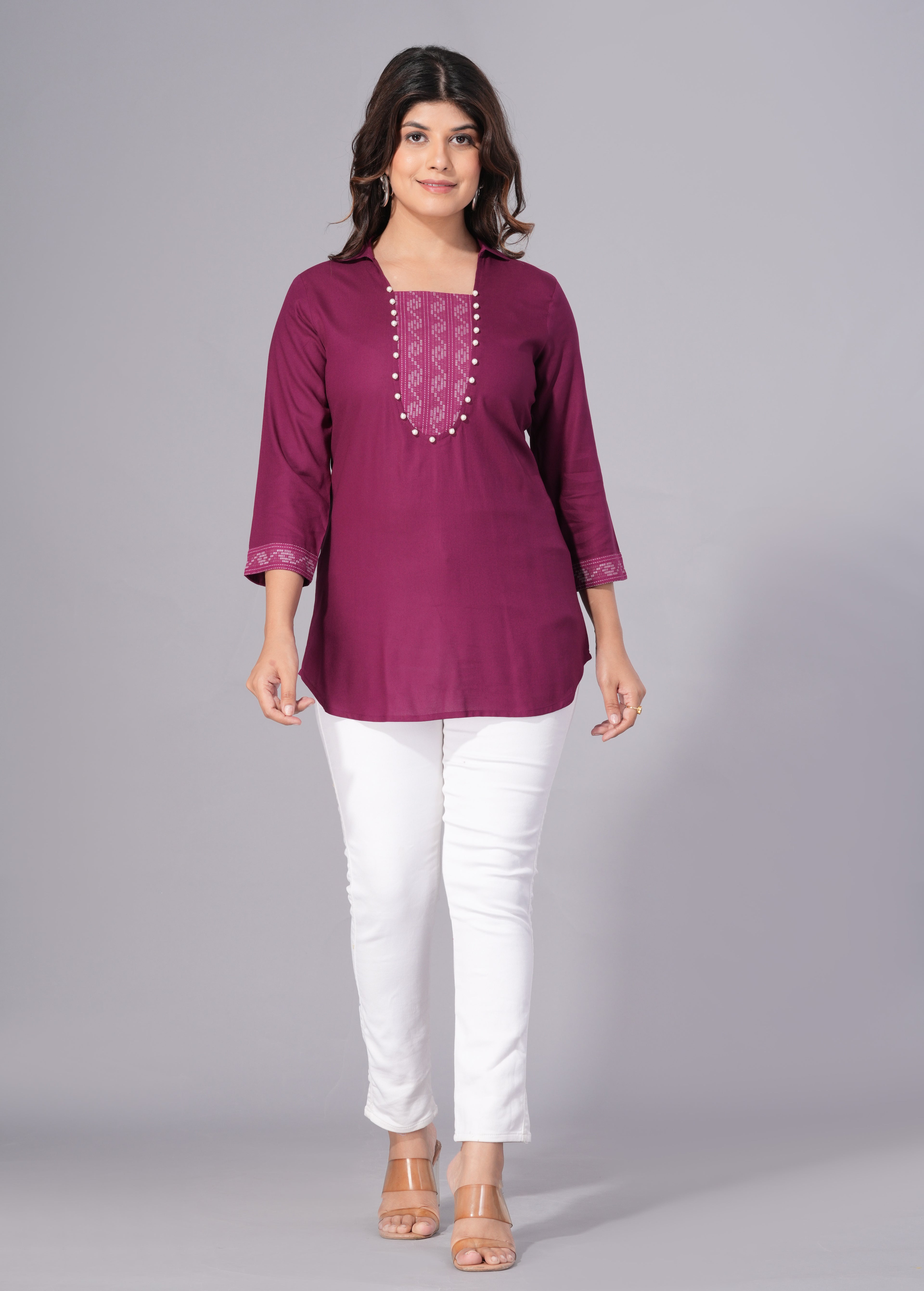 Wine Grace Rayon Embellished Tunic Top