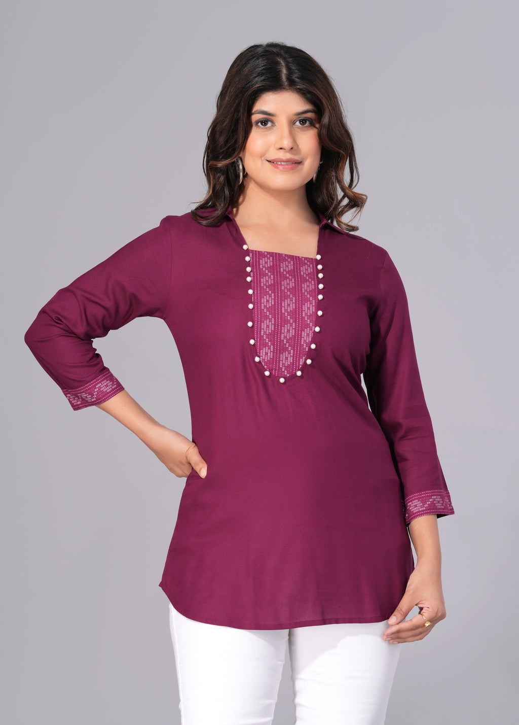 Wine Grace Rayon Embellished Tunic Top