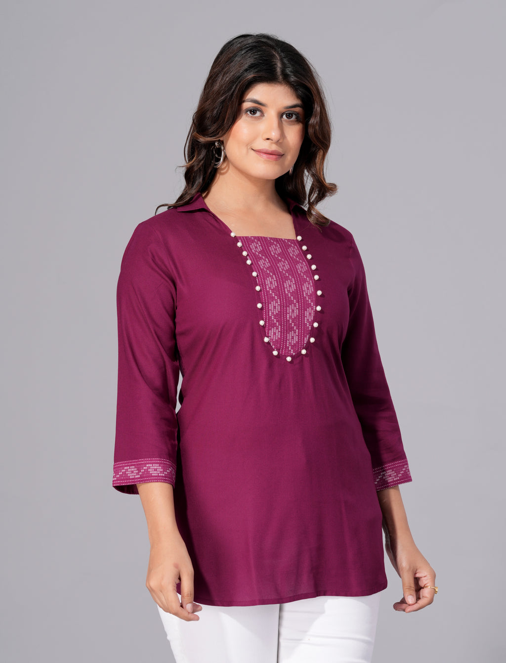Wine Grace Rayon Embellished Tunic Top