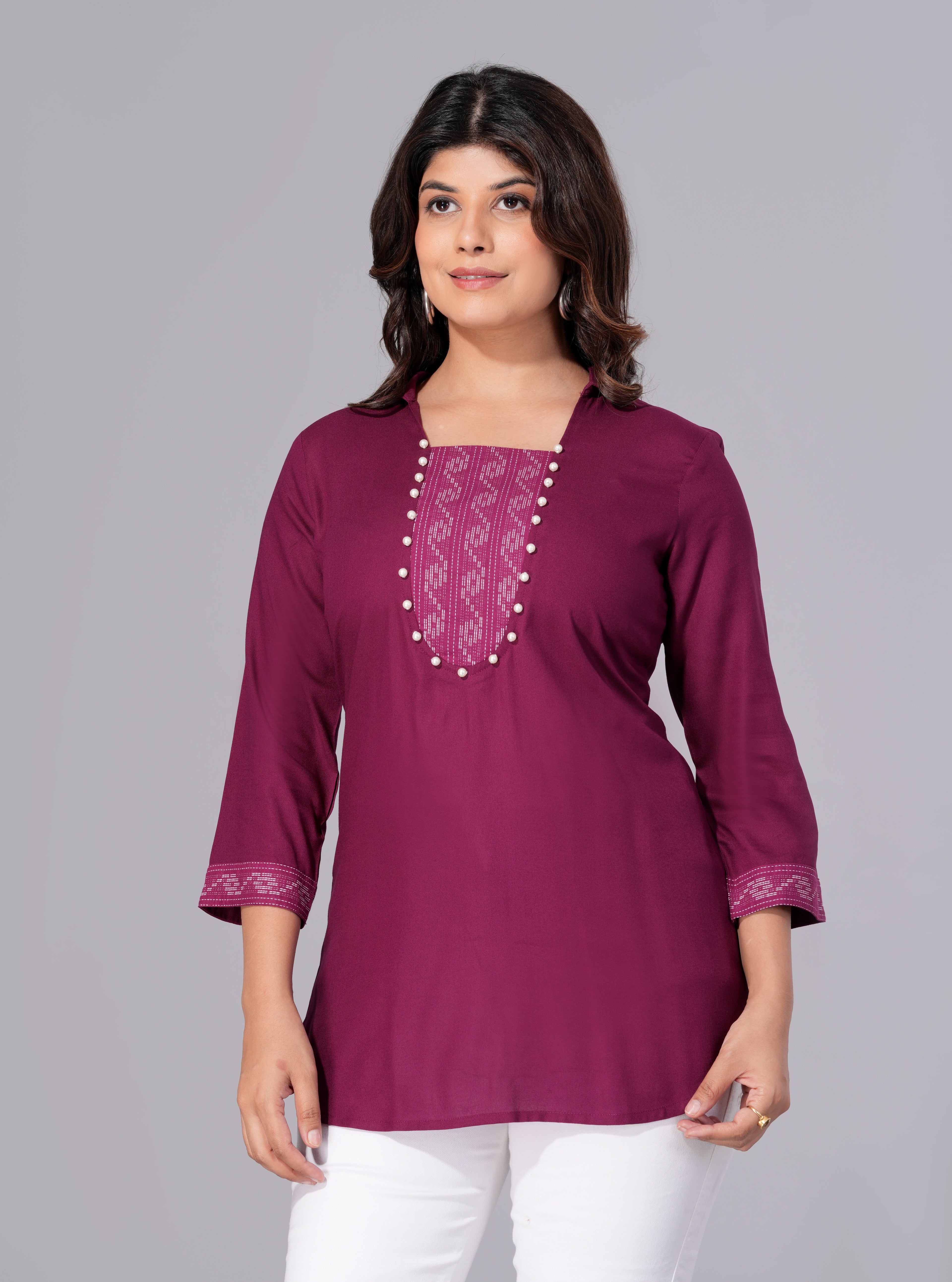 Wine Grace Rayon Embellished Tunic Top