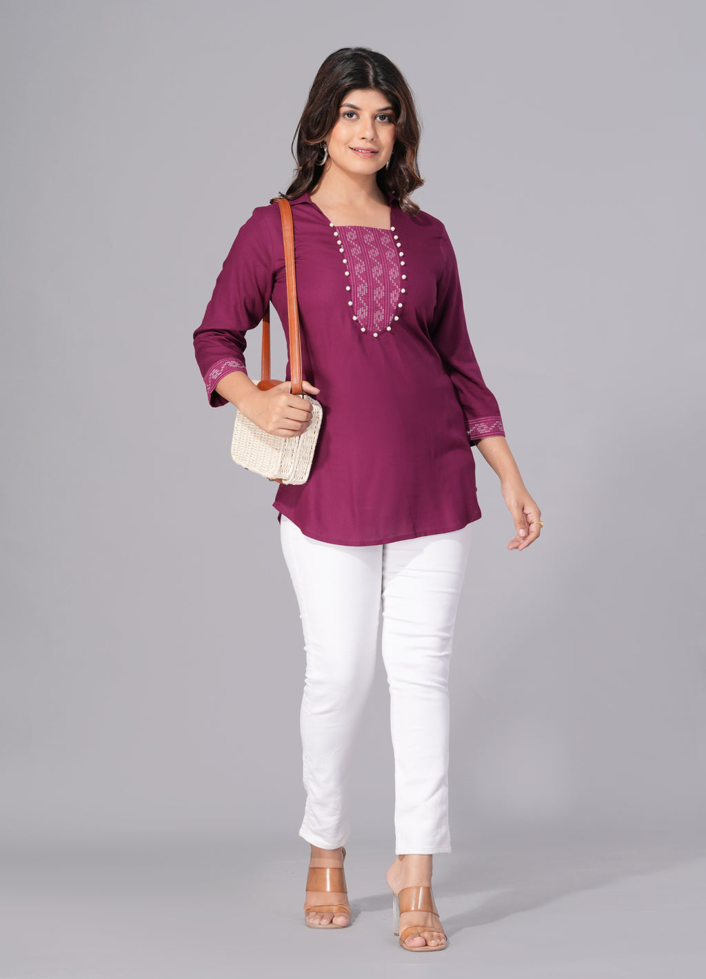 Wine Grace Rayon Embellished Tunic Top