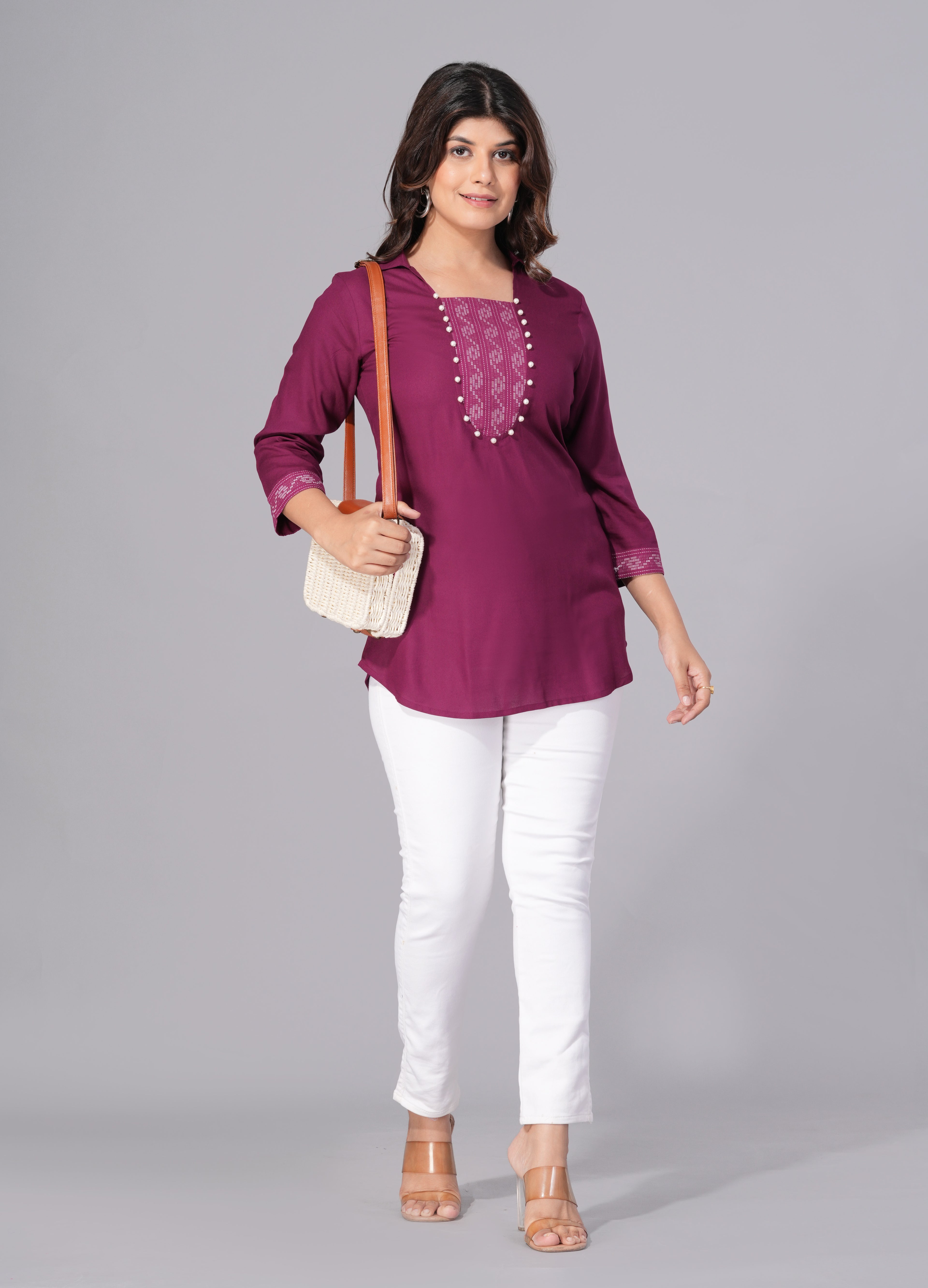 Wine Grace Rayon Embellished Tunic Top