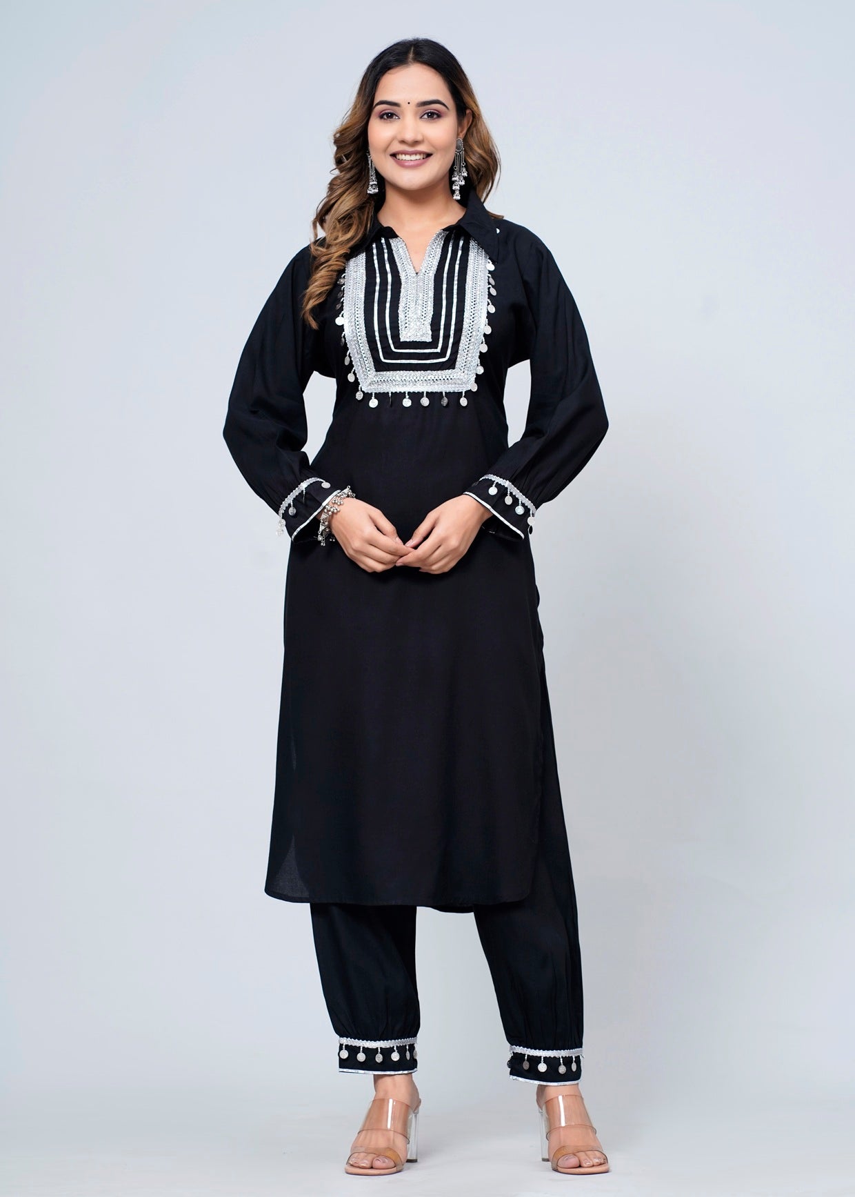 Elegant Black Rayon Pathani Suit Set with White Lace Detailing