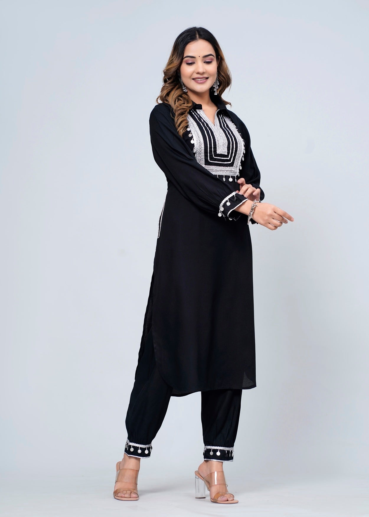 Elegant Black Rayon Pathani Suit Set with White Lace Detailing