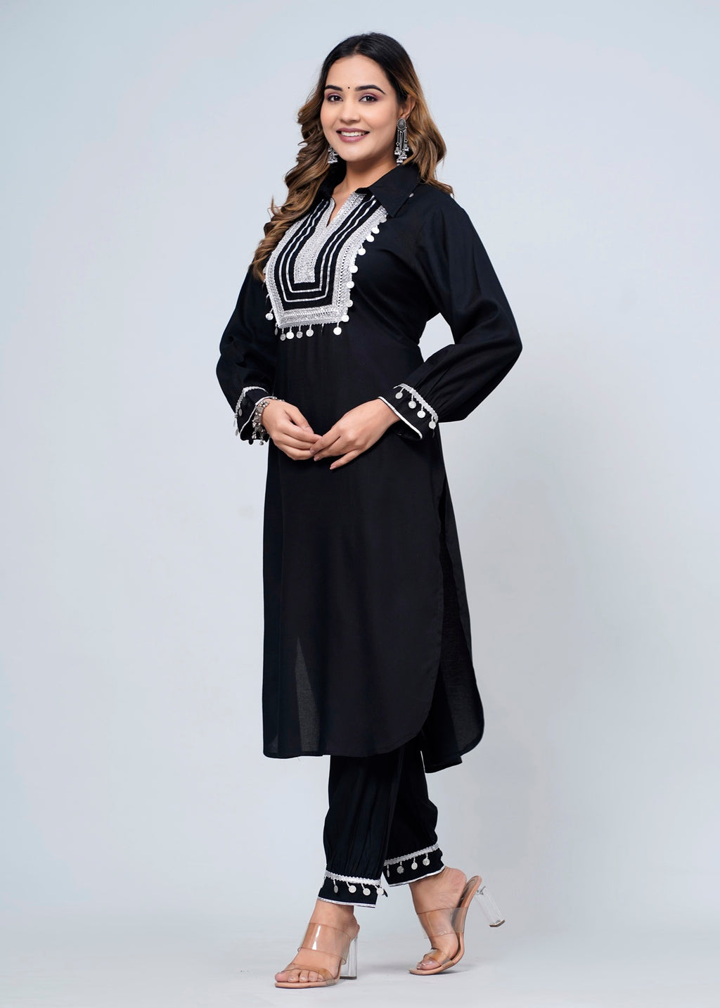Elegant Black Rayon Pathani Suit Set with White Lace Detailing