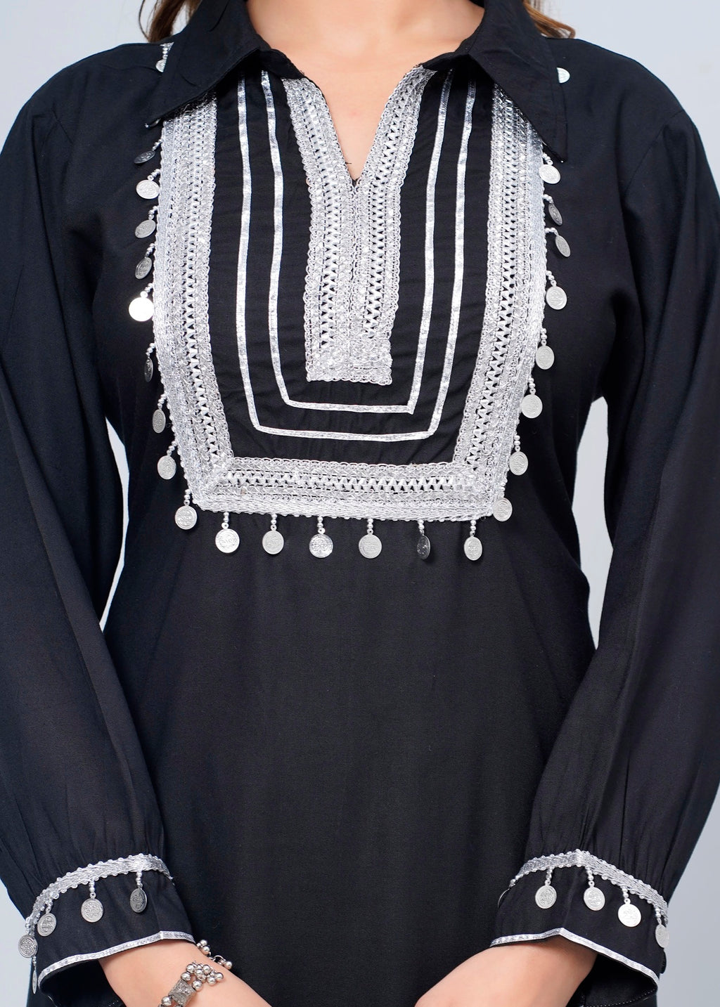 Elegant Black Rayon Pathani Suit Set with White Lace Detailing