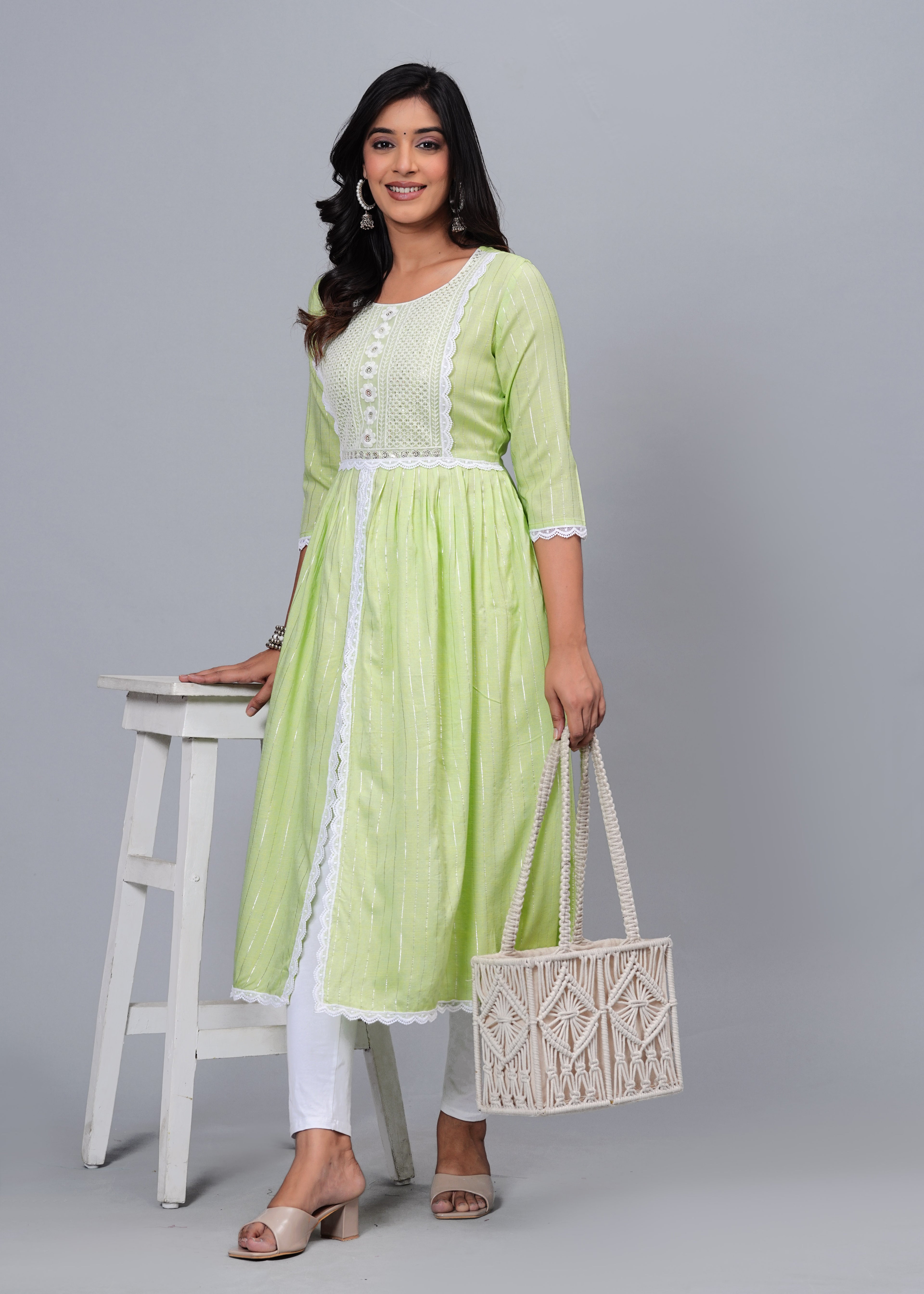 Lime Whisper Luxe Cotton Long Kurta