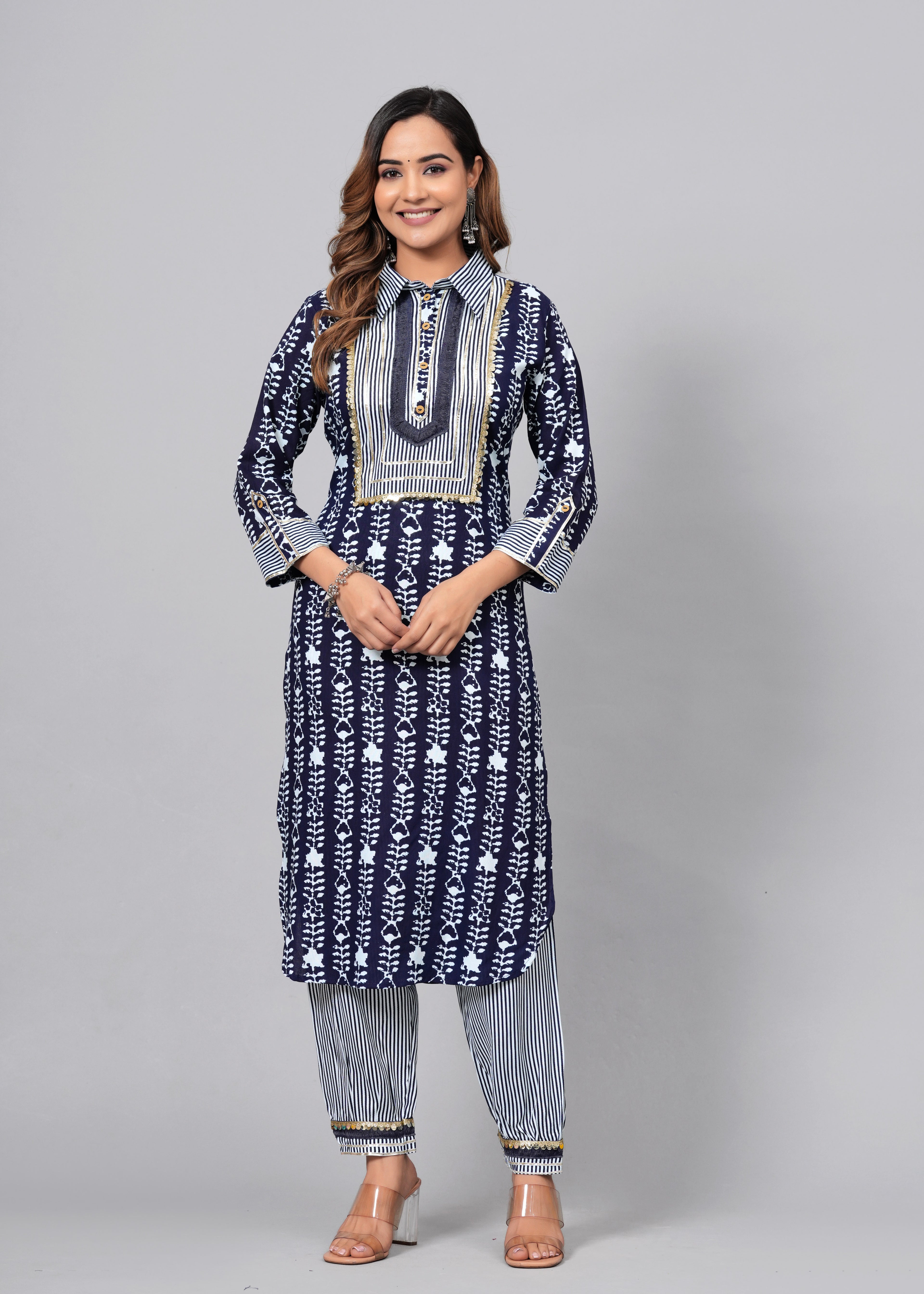 Indigo Blue Printed Rayon Pathani Suit Set