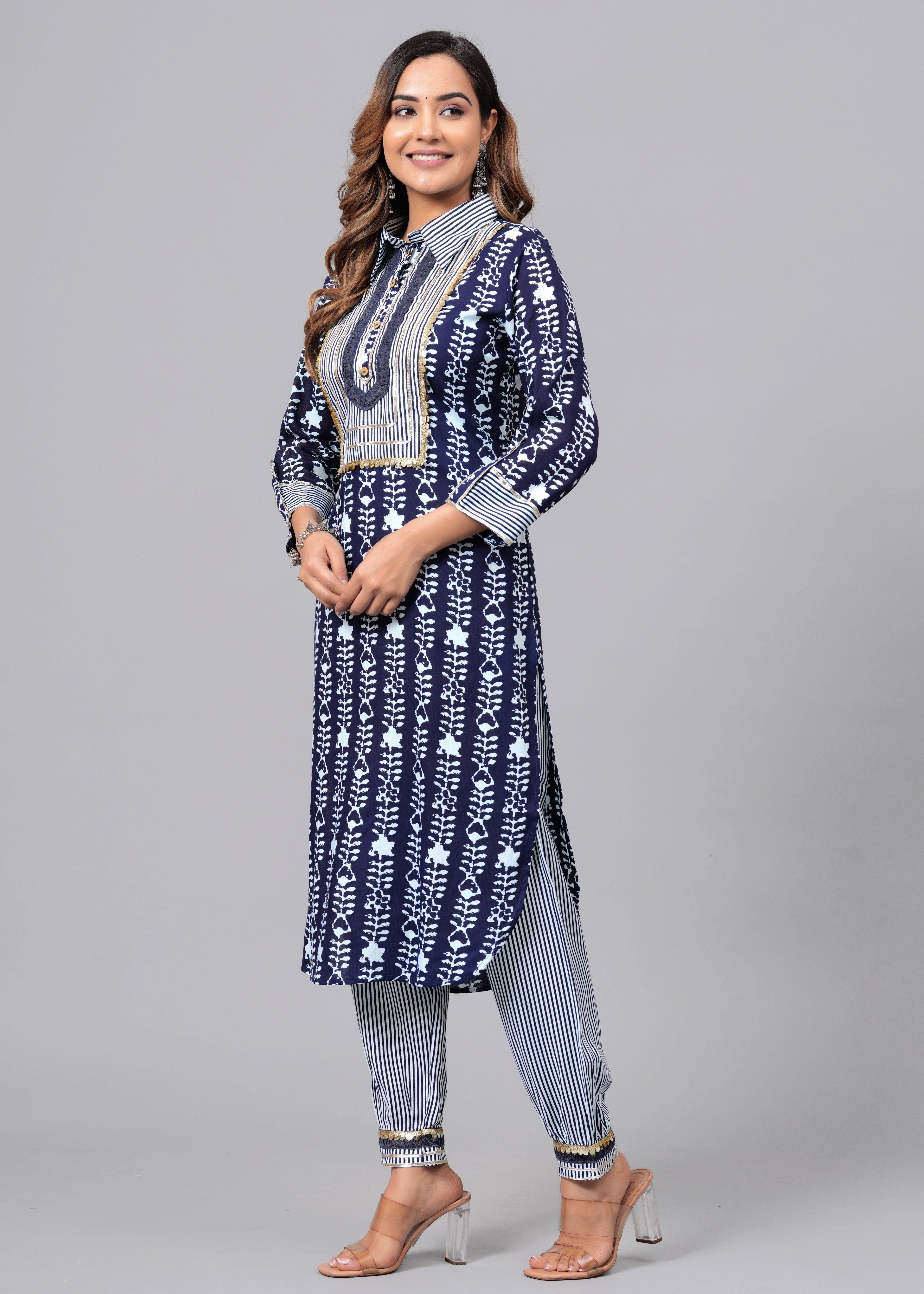 Indigo Blue Printed Rayon Pathani Suit Set
