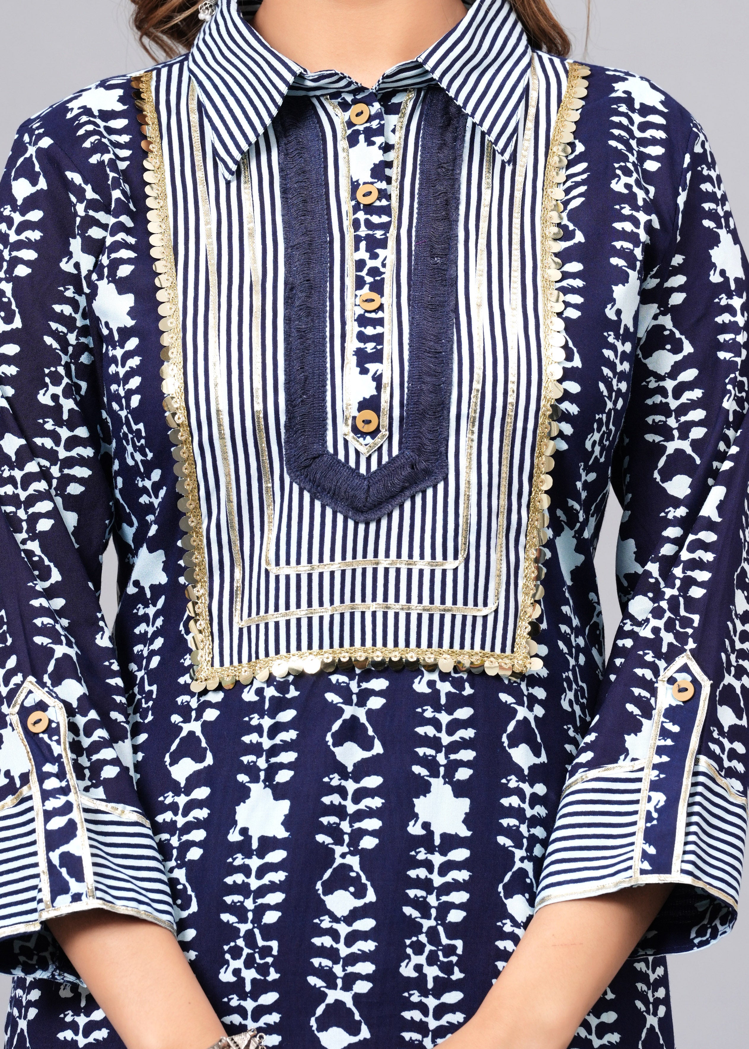 Indigo Blue Printed Rayon Pathani Suit Set