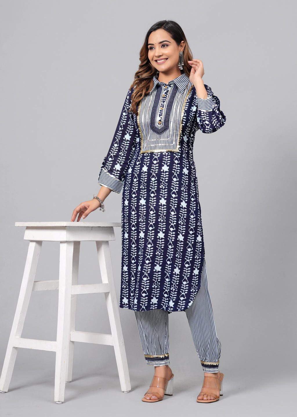 Indigo Blue Printed Rayon Pathani Suit Set