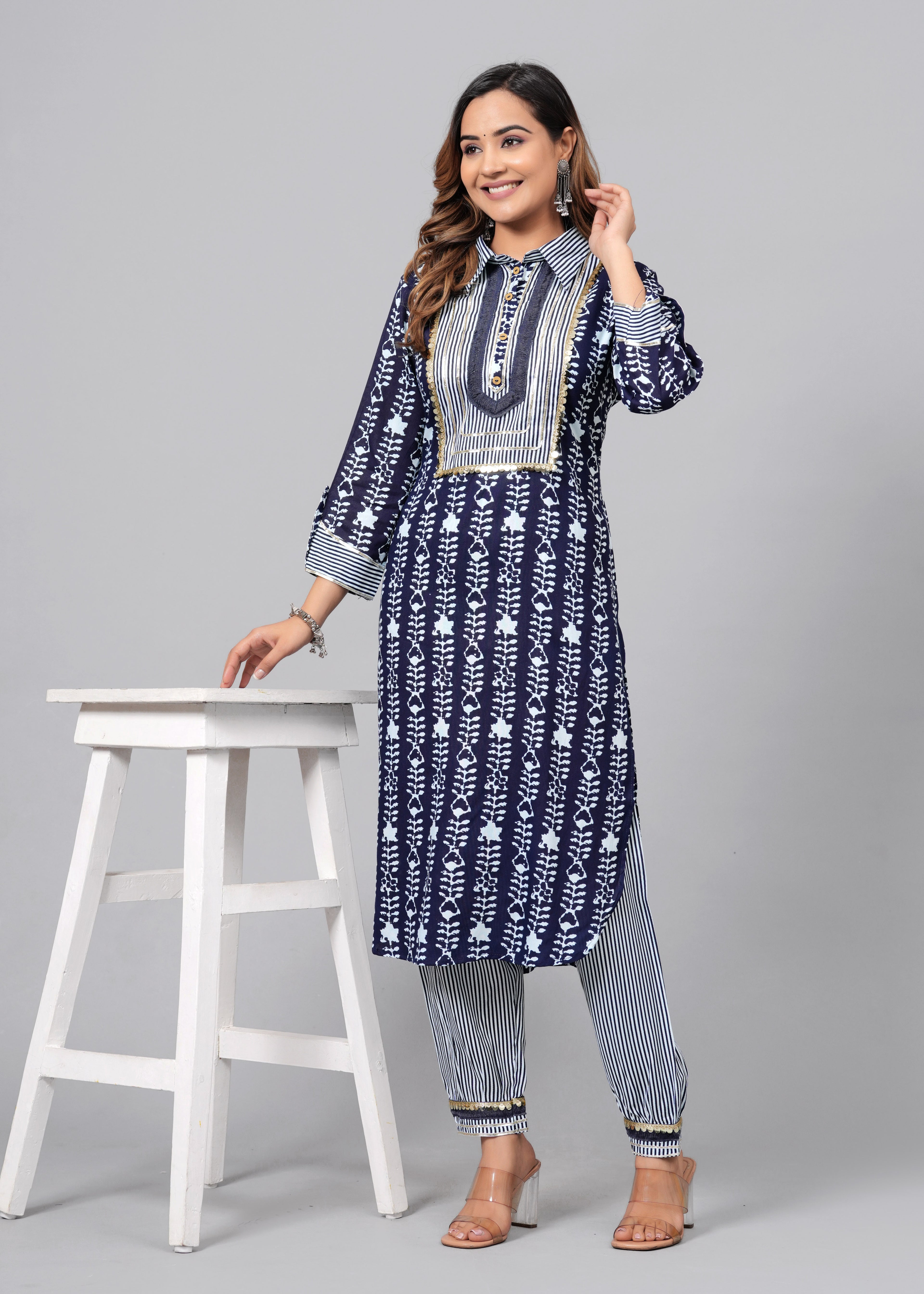 Indigo Blue Printed Rayon Pathani Suit Set