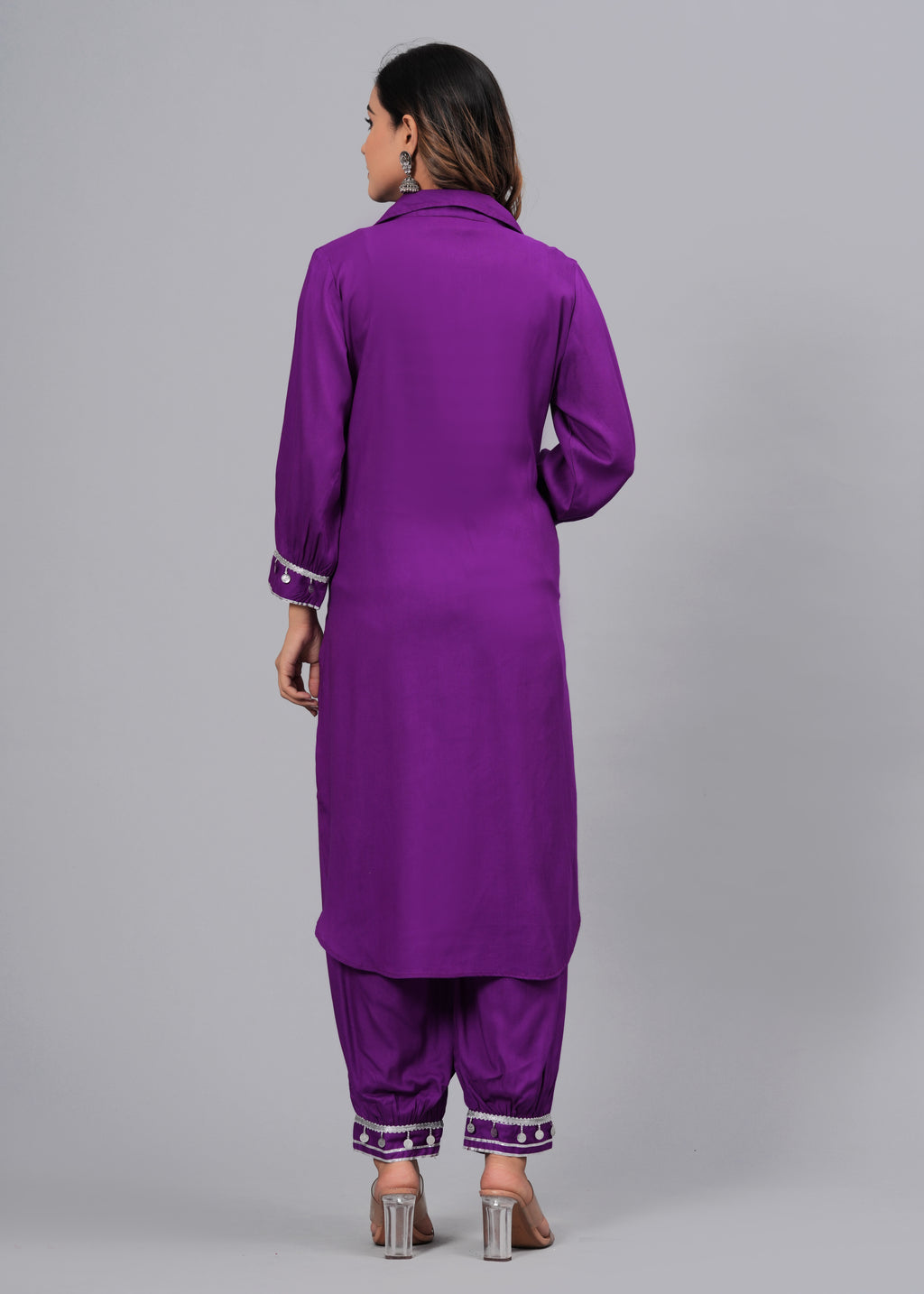 Deep Purple Mirror Embroidered Pathani Suit Set
