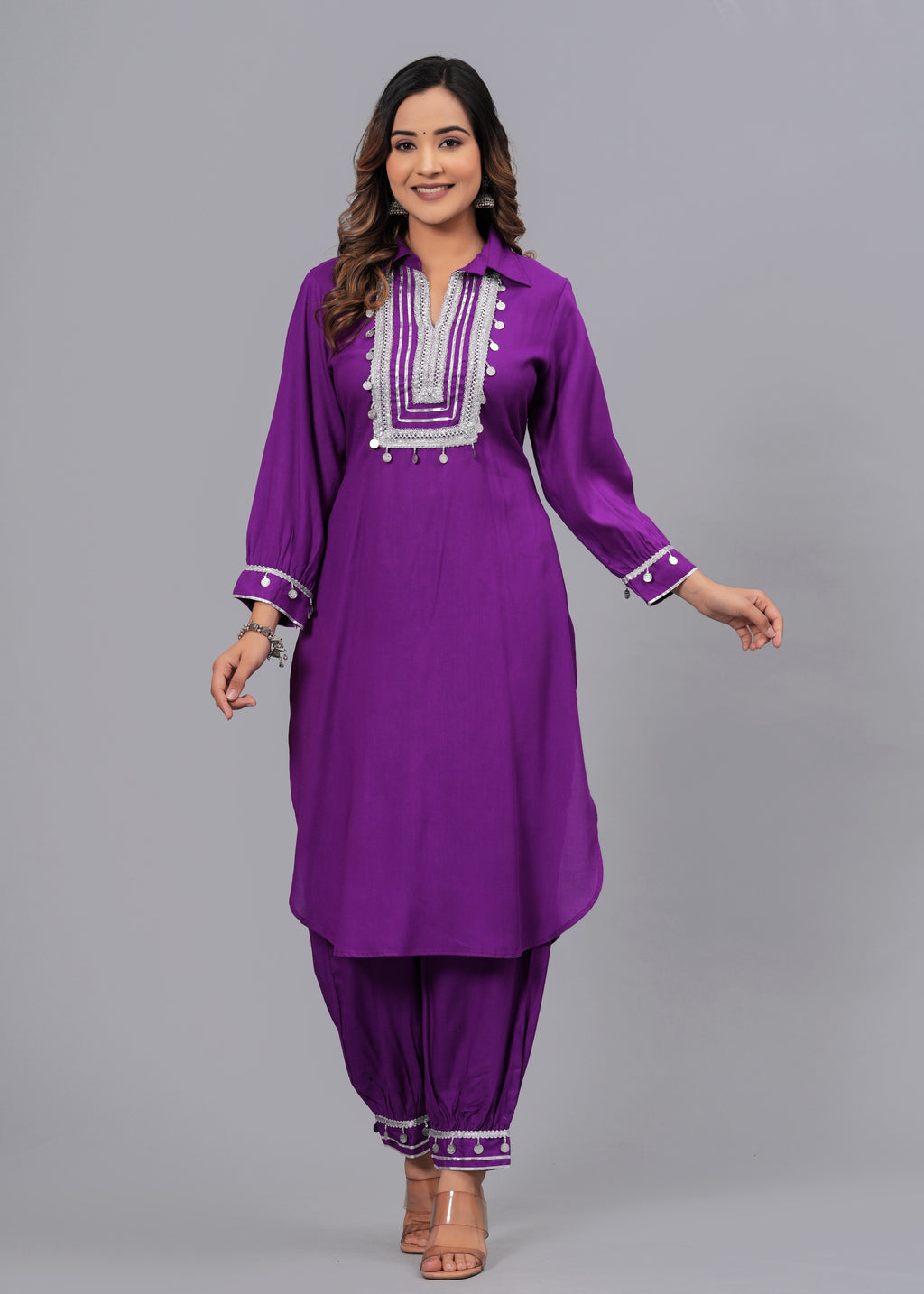Deep Purple Mirror Embroidered Pathani Suit Set