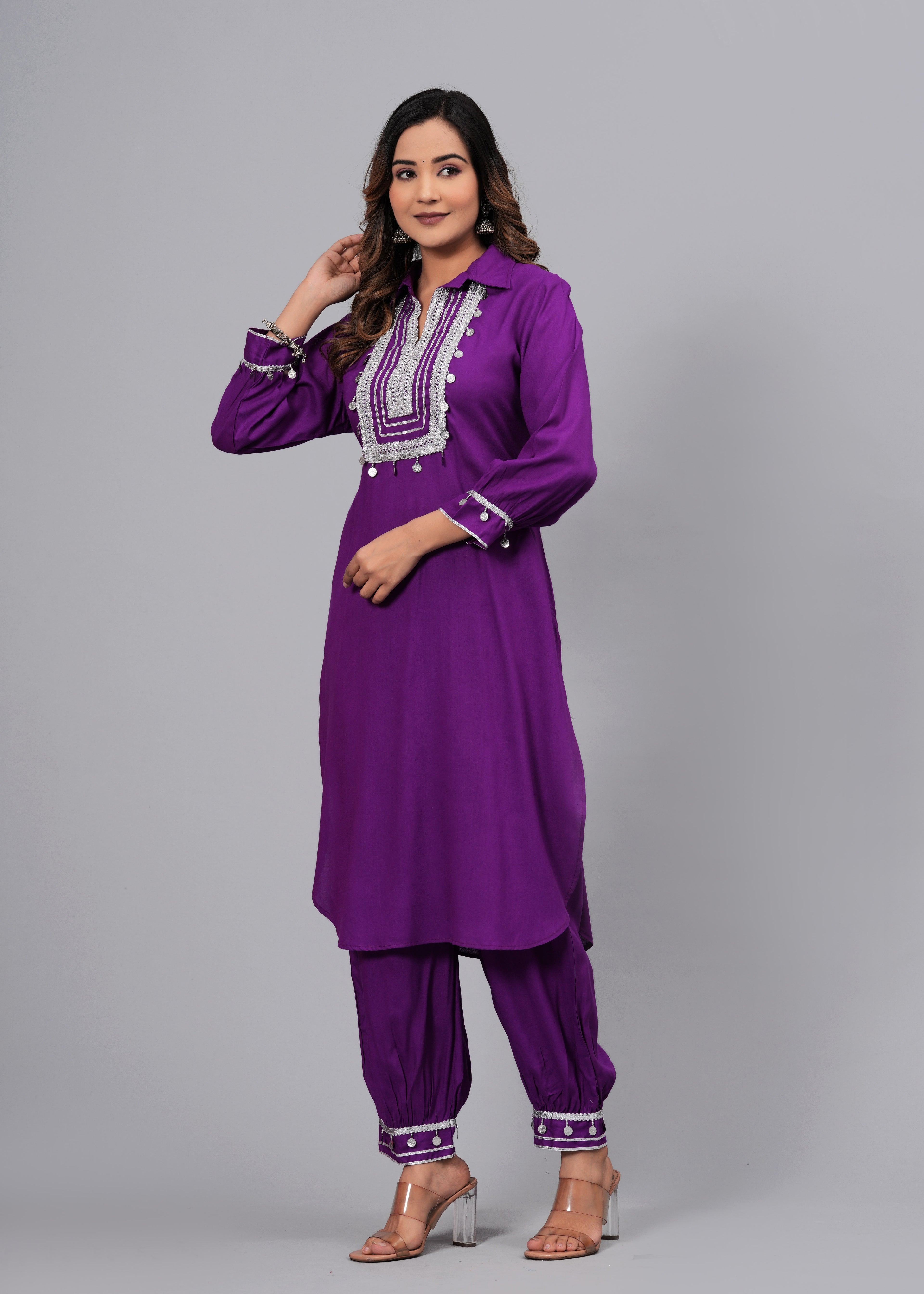 Deep Purple Mirror Embroidered Pathani Suit Set