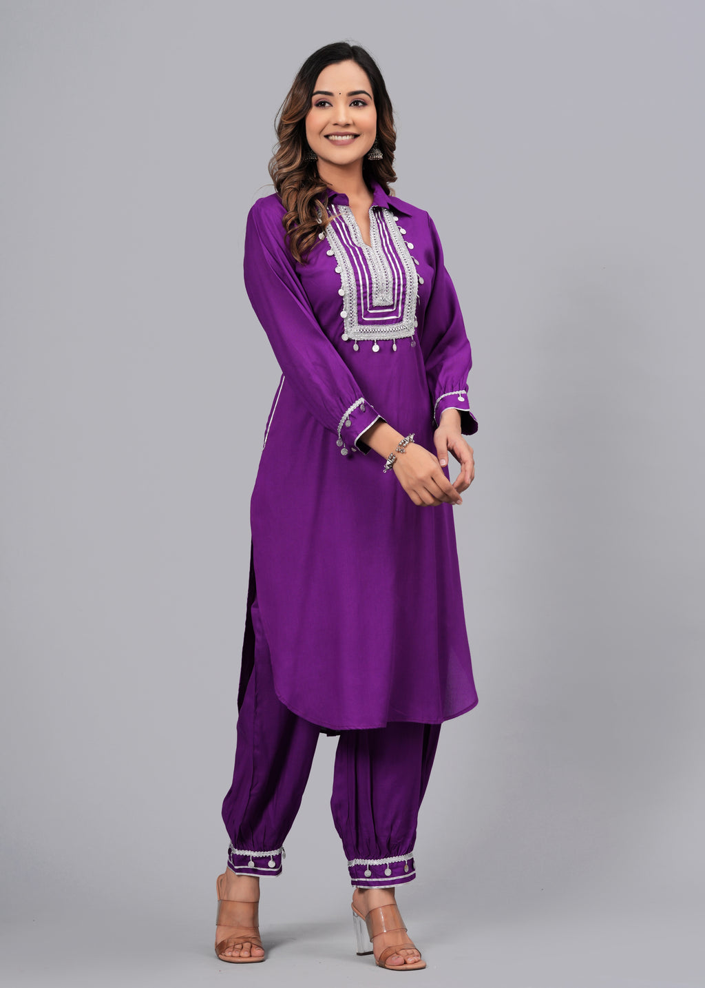 Deep Purple Mirror Embroidered Pathani Suit Set