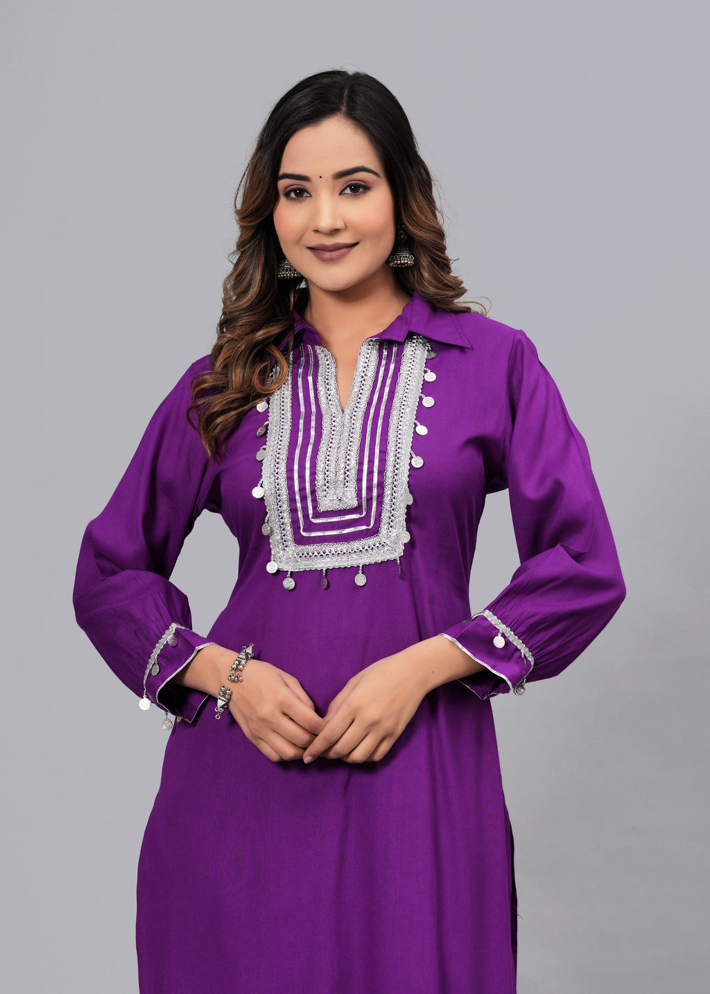 Deep Purple Mirror Embroidered Pathani Suit Set