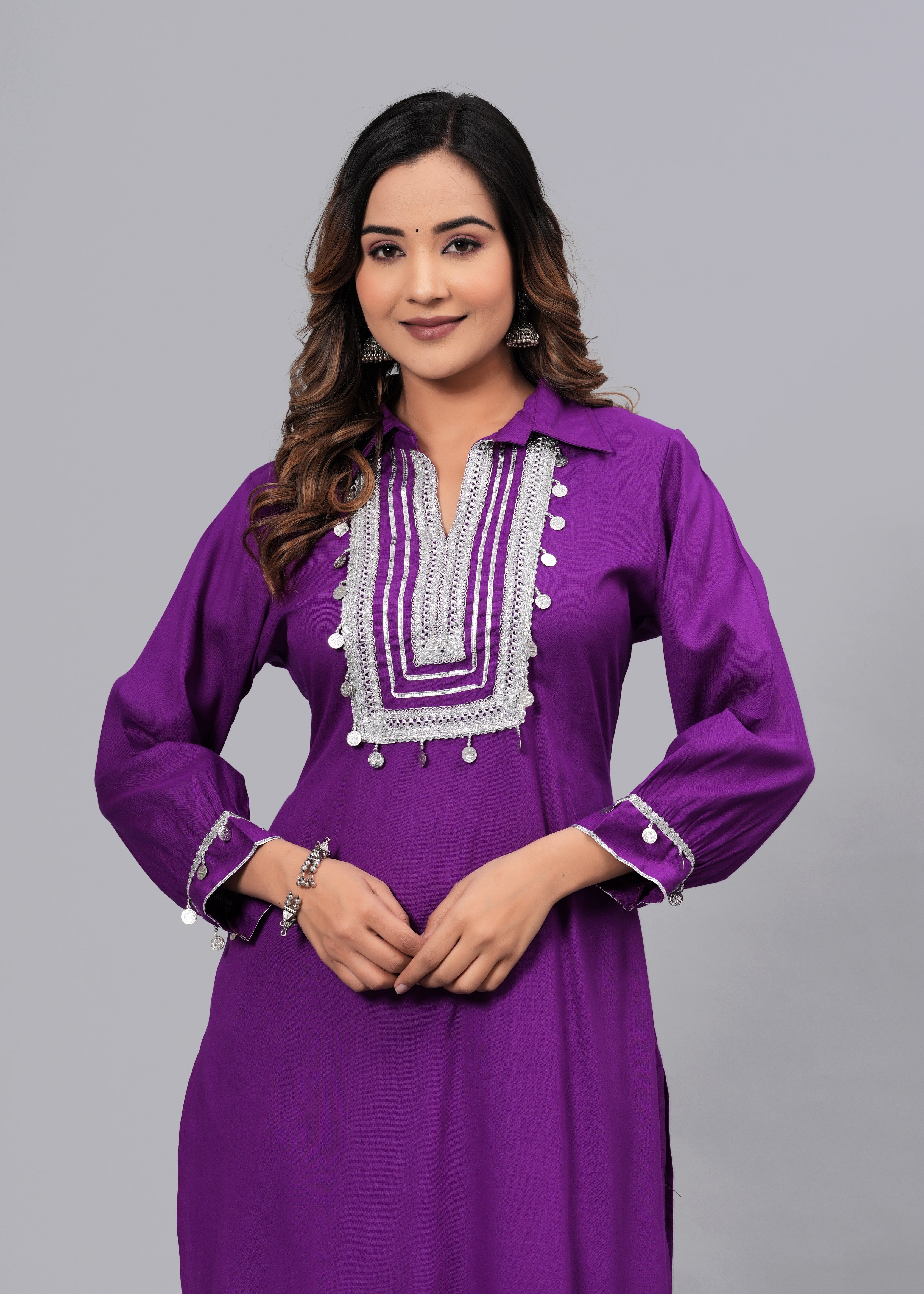Deep Purple Mirror Embroidered Pathani Suit Set