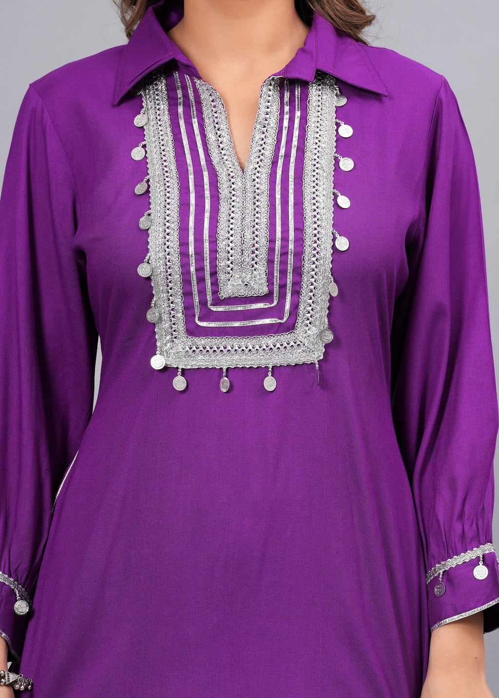 Deep Purple Mirror Embroidered Pathani Suit Set