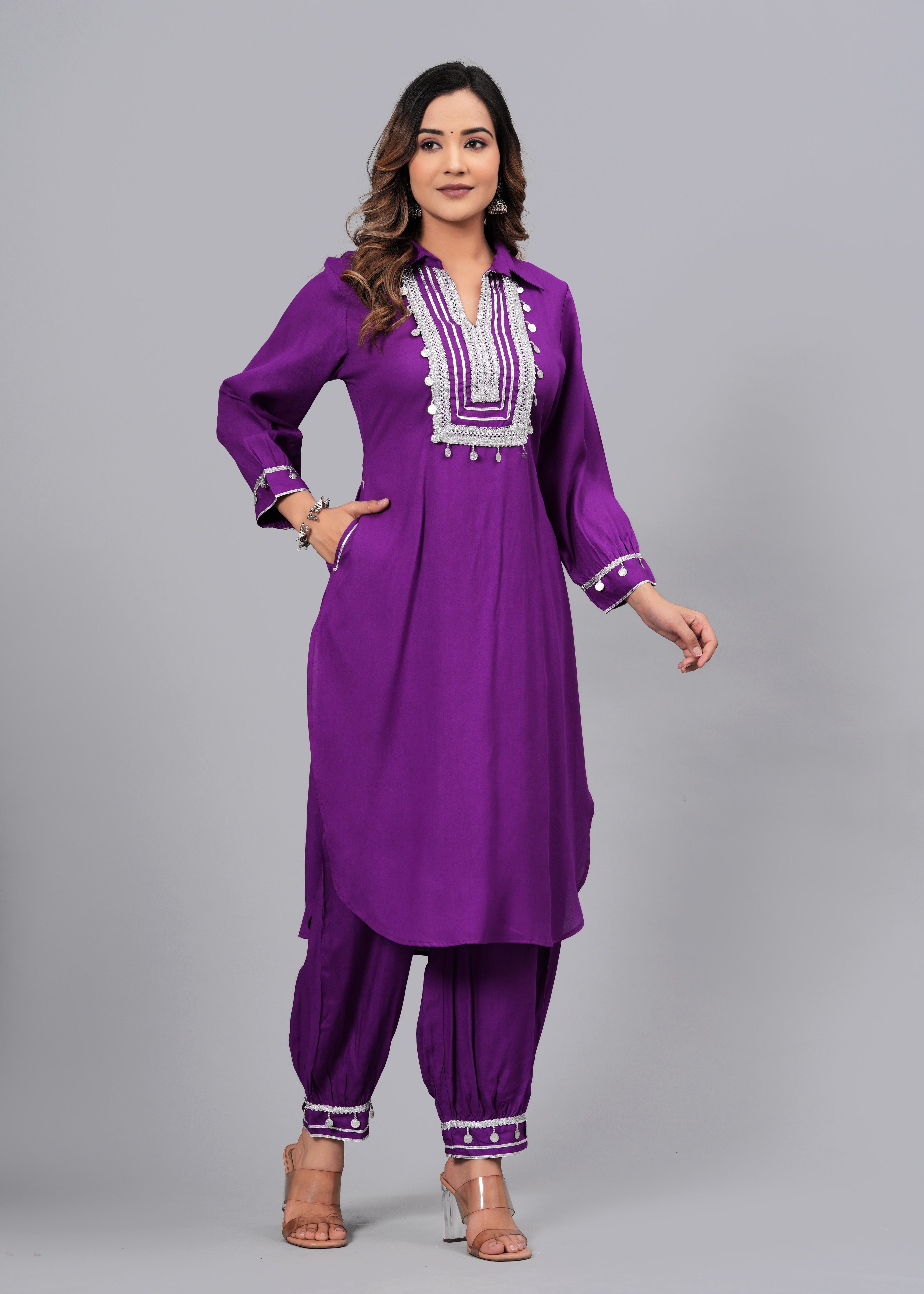 Deep Purple Mirror Embroidered Pathani Suit Set