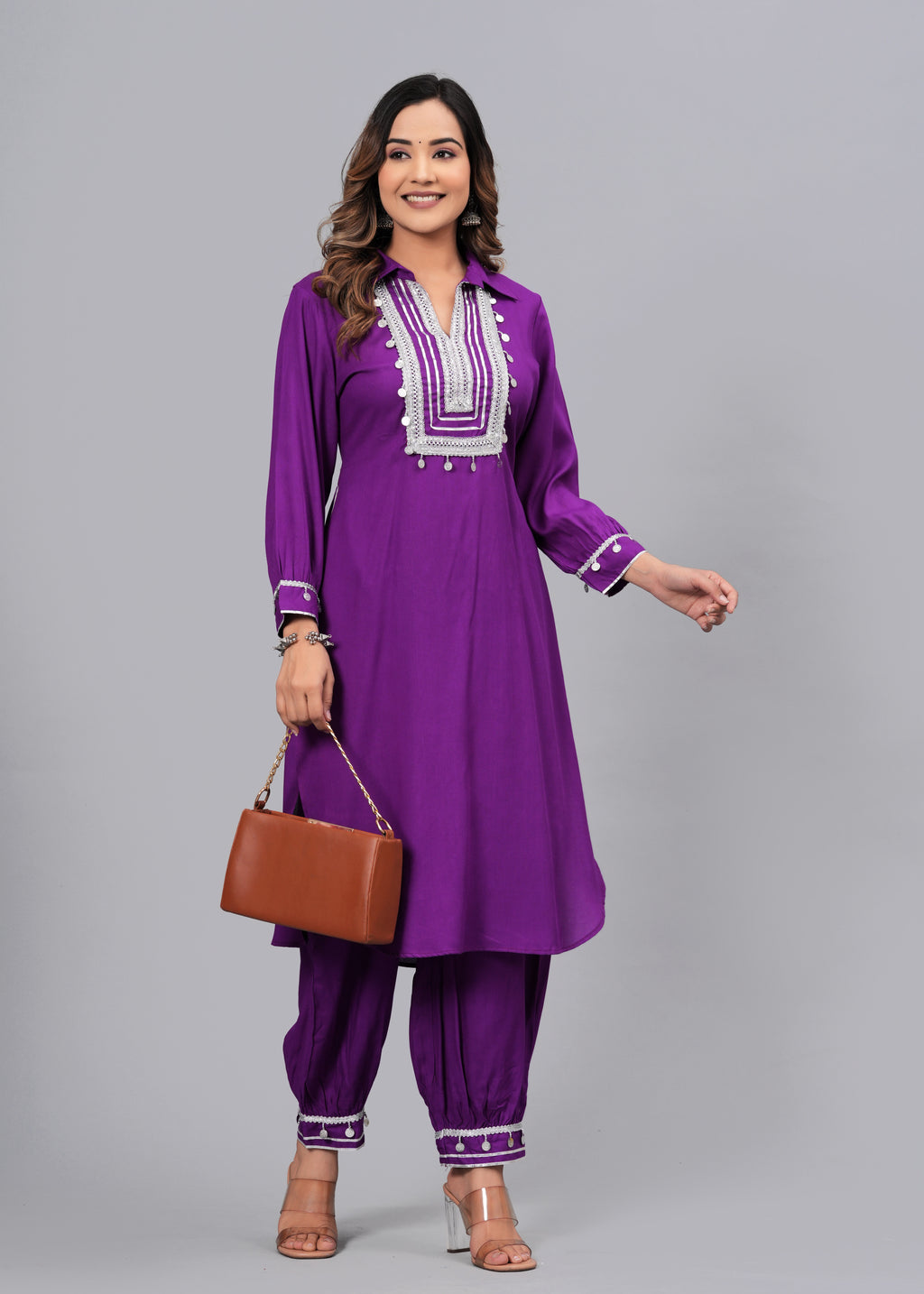 Deep Purple Mirror Embroidered Pathani Suit Set