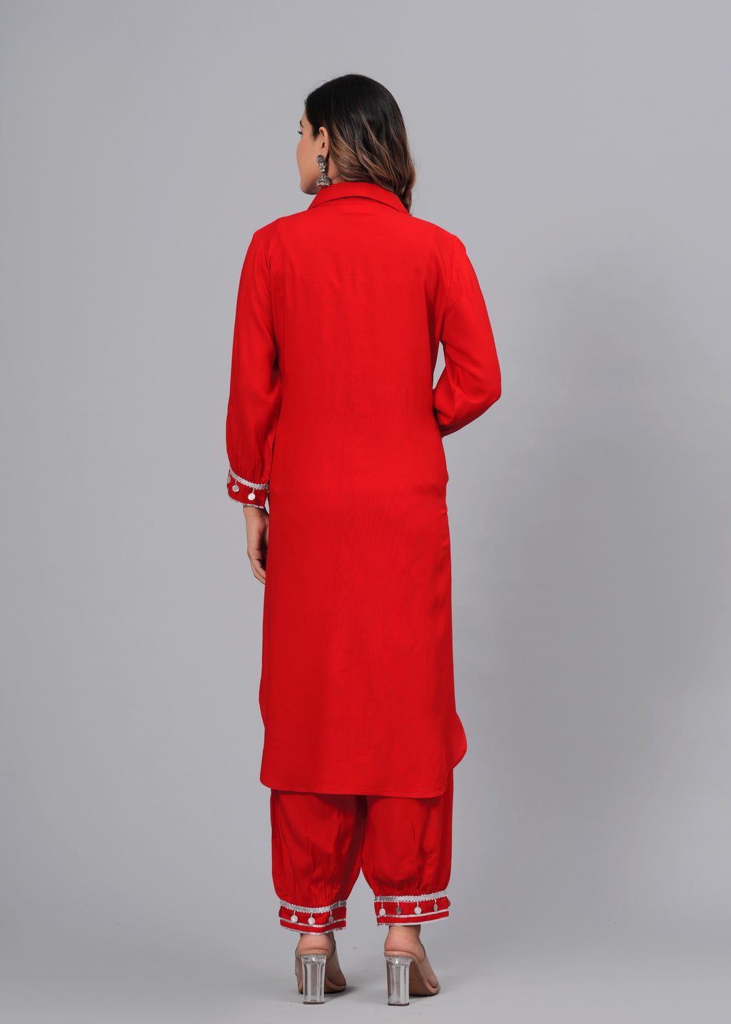 Scarlet Red Mirror Embroidered Pathani Suit Set