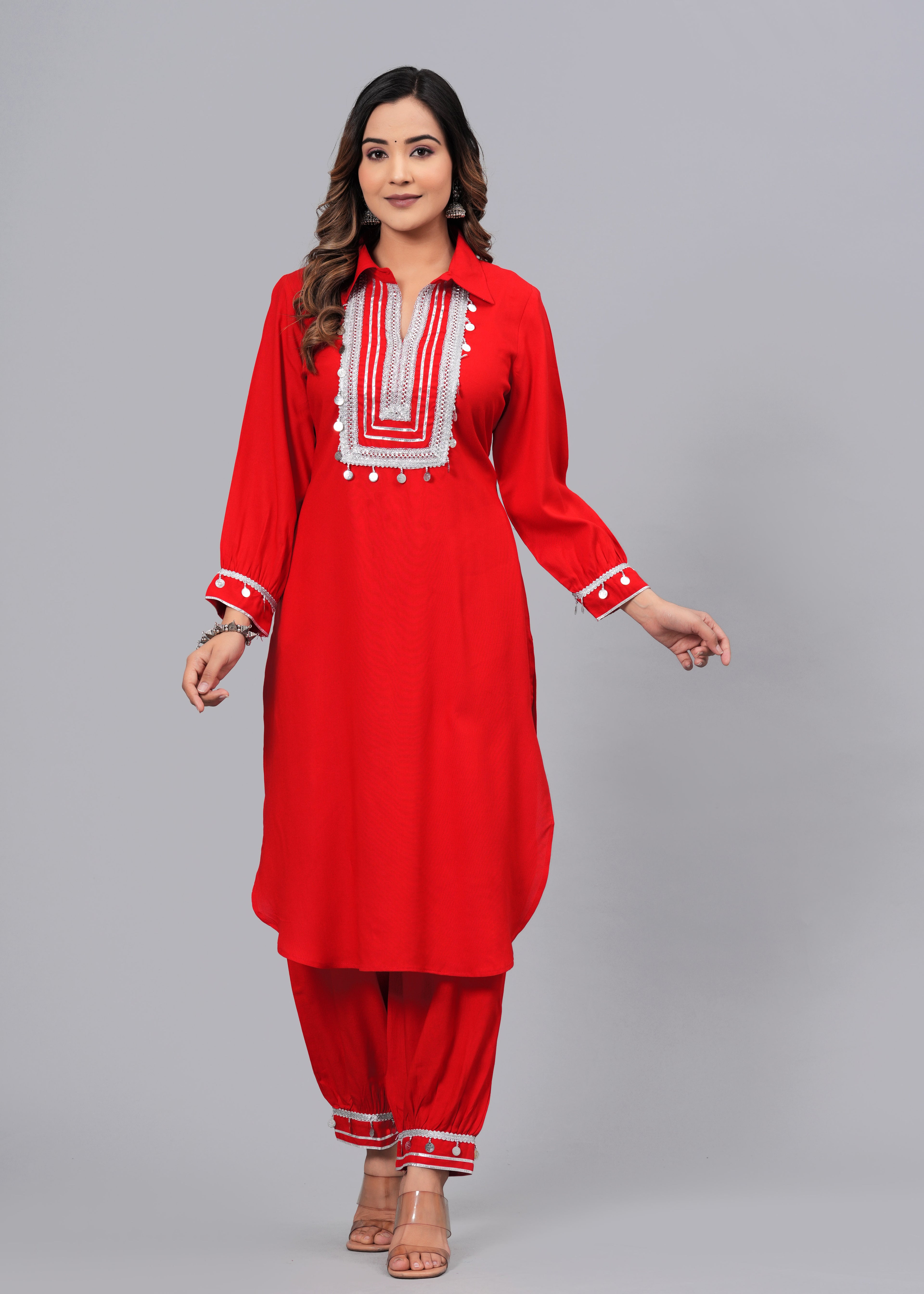 Scarlet Red Mirror Embroidered Pathani Suit Set