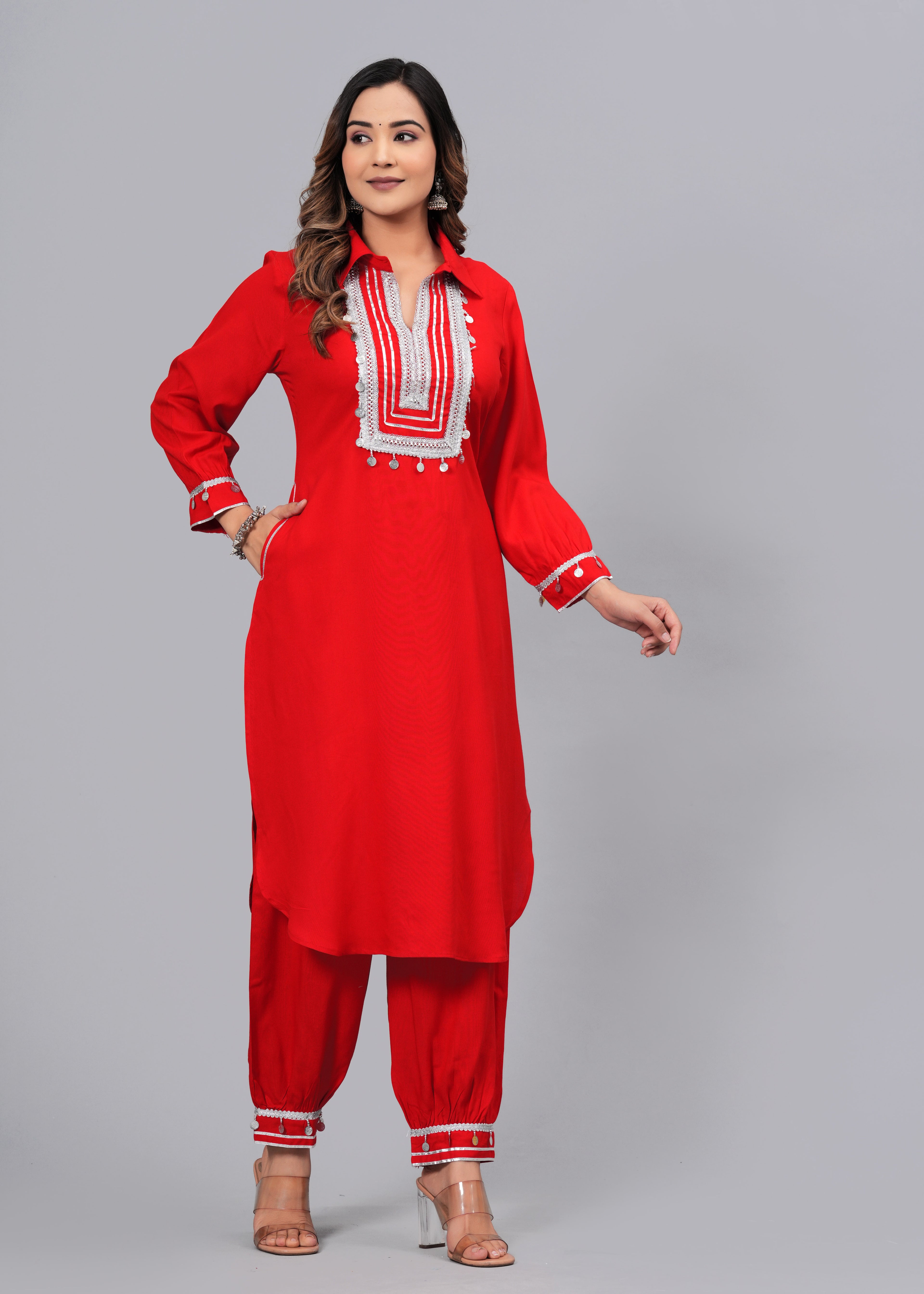 Scarlet Red Mirror Embroidered Pathani Suit Set