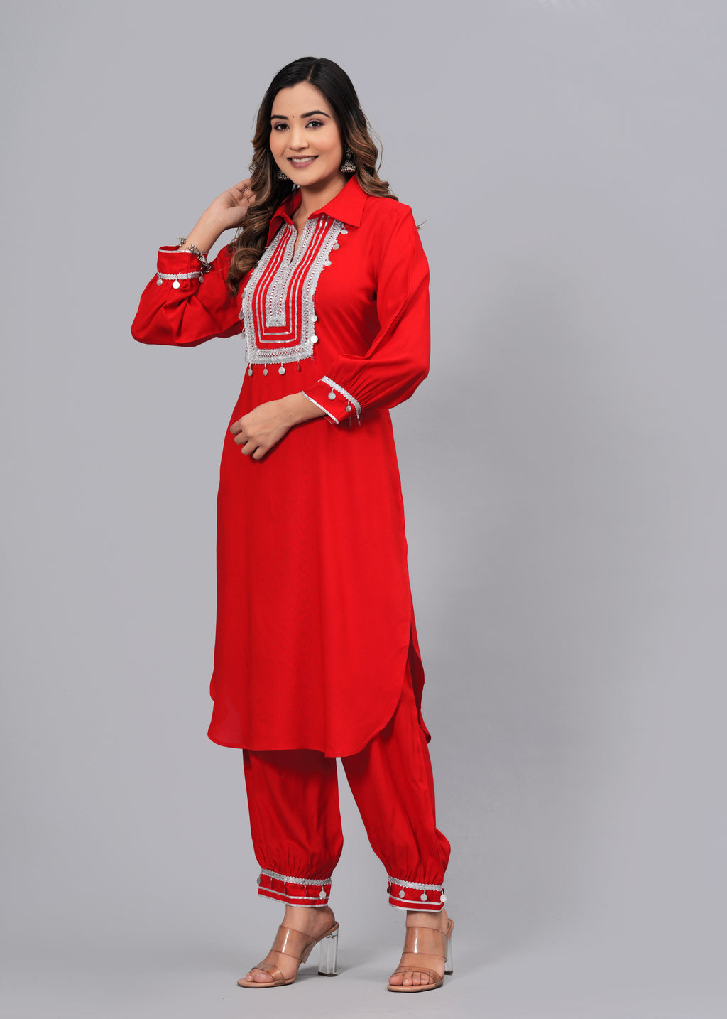 Scarlet Red Mirror Embroidered Pathani Suit Set