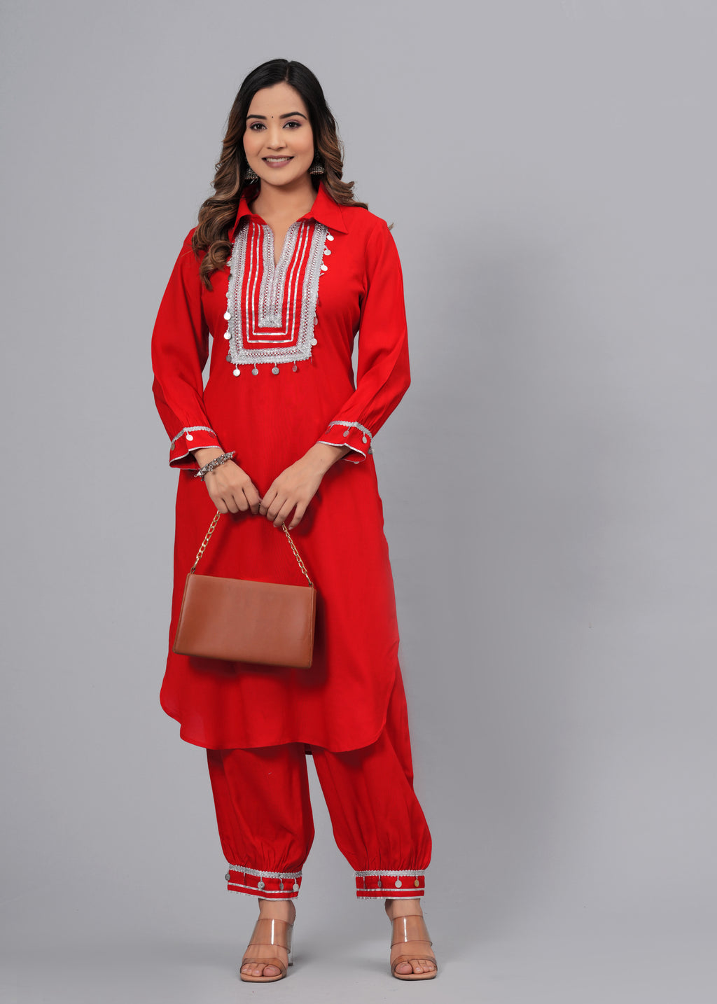 Scarlet Red Mirror Embroidered Pathani Suit Set