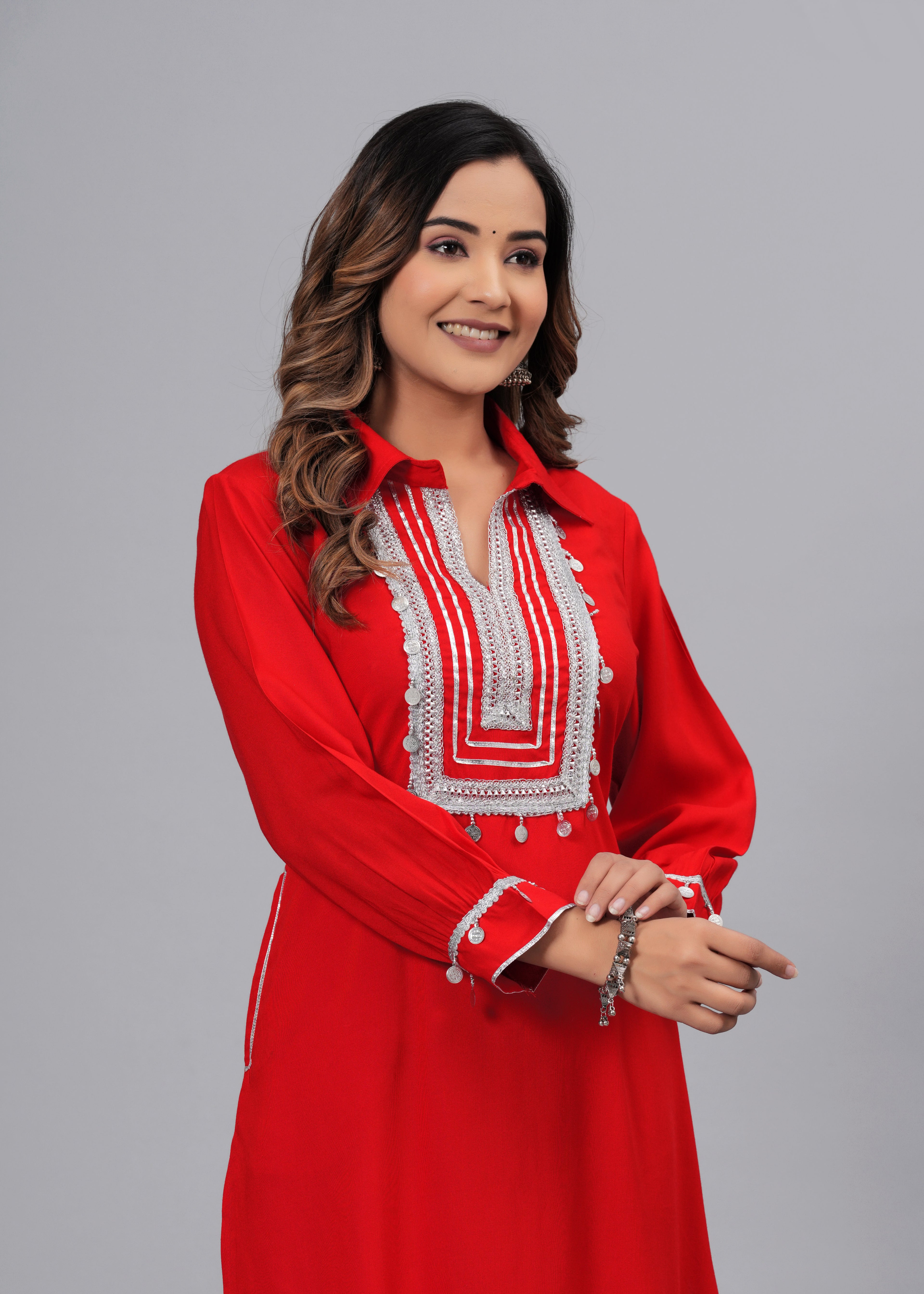 Scarlet Red Mirror Embroidered Pathani Suit Set