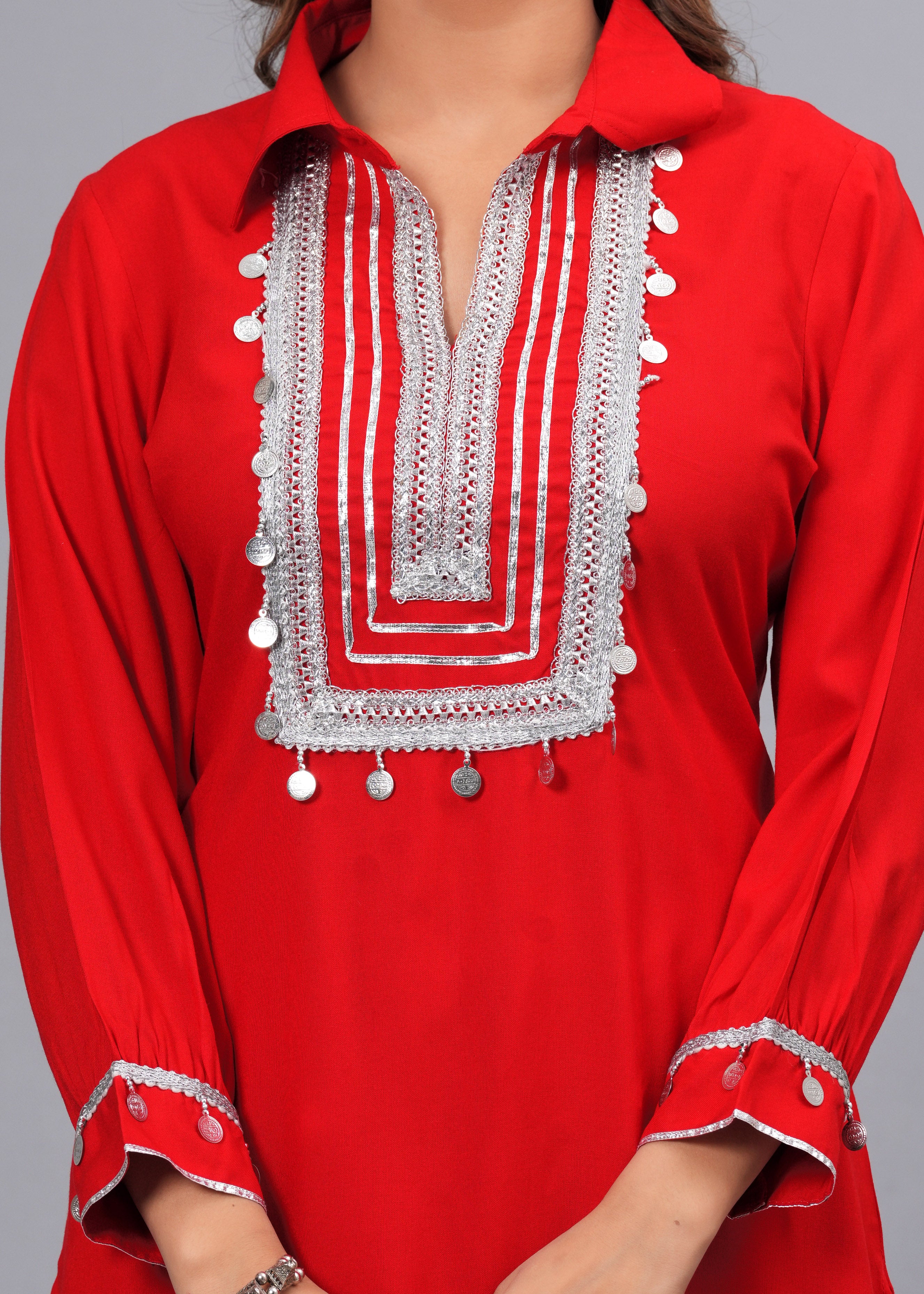 Scarlet Red Mirror Embroidered Pathani Suit Set
