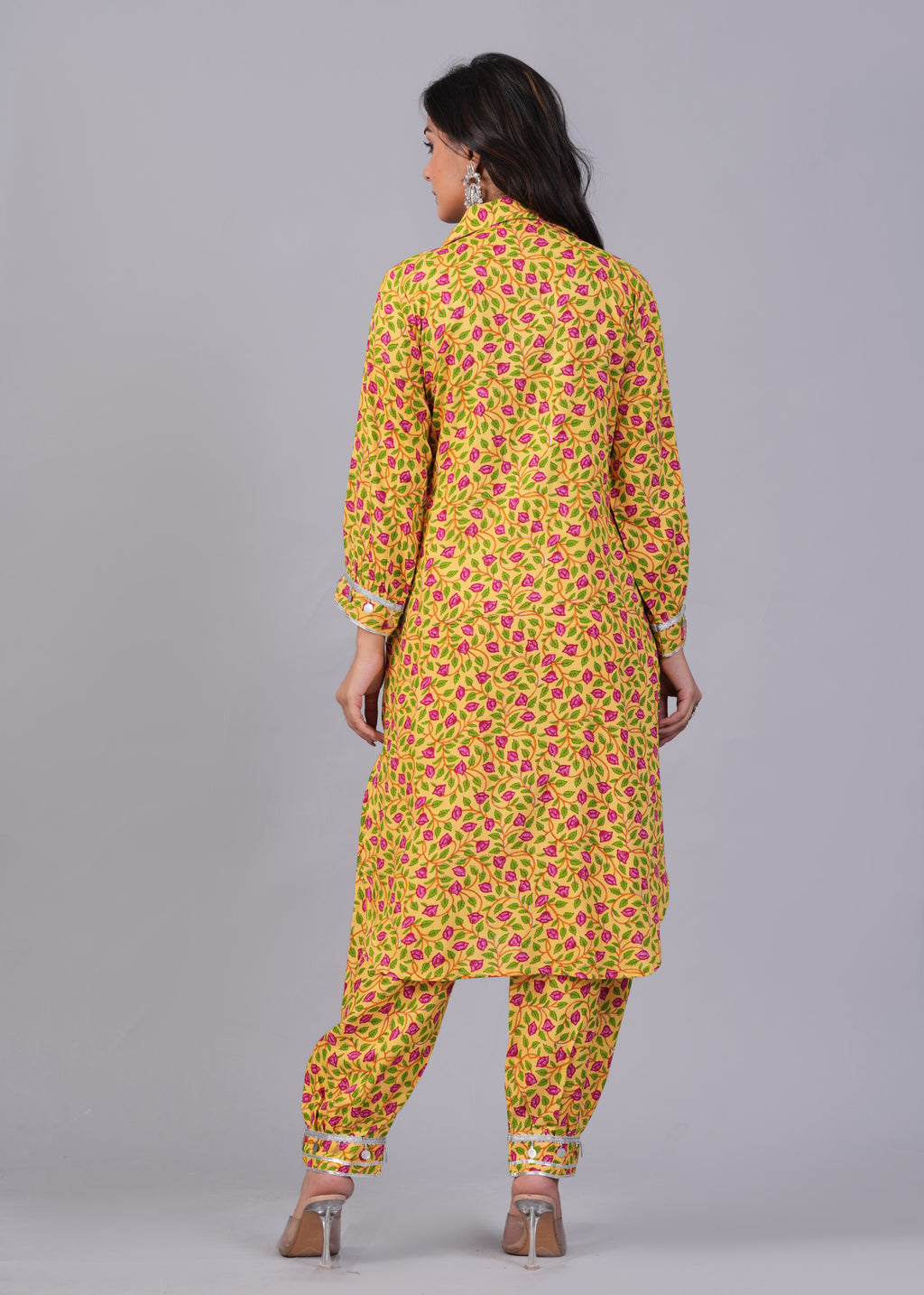 Yellow Floral Printed Rayon Mirror Work Pathani Suit Set