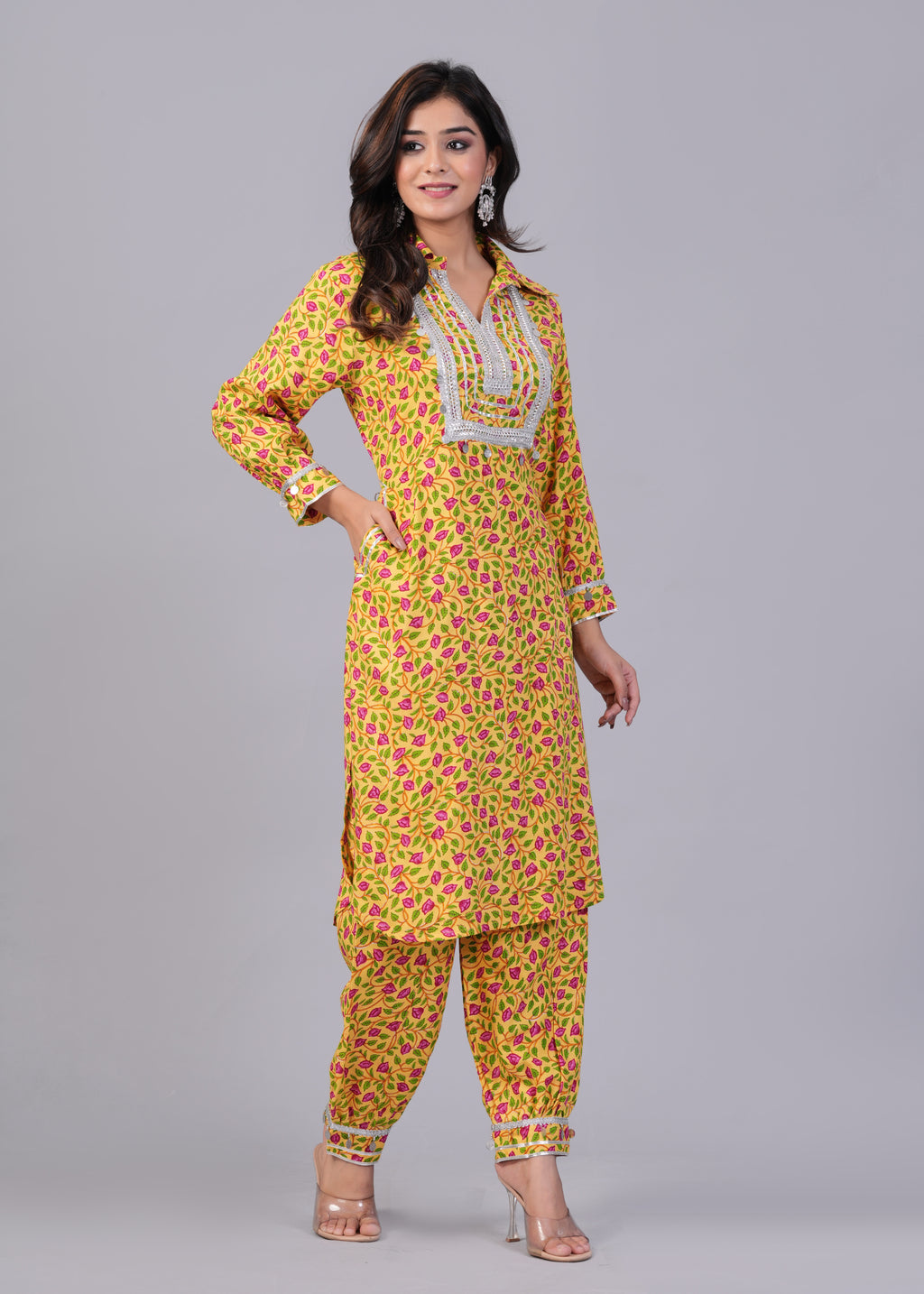 Yellow Floral Printed Rayon Mirror Work Pathani Suit Set