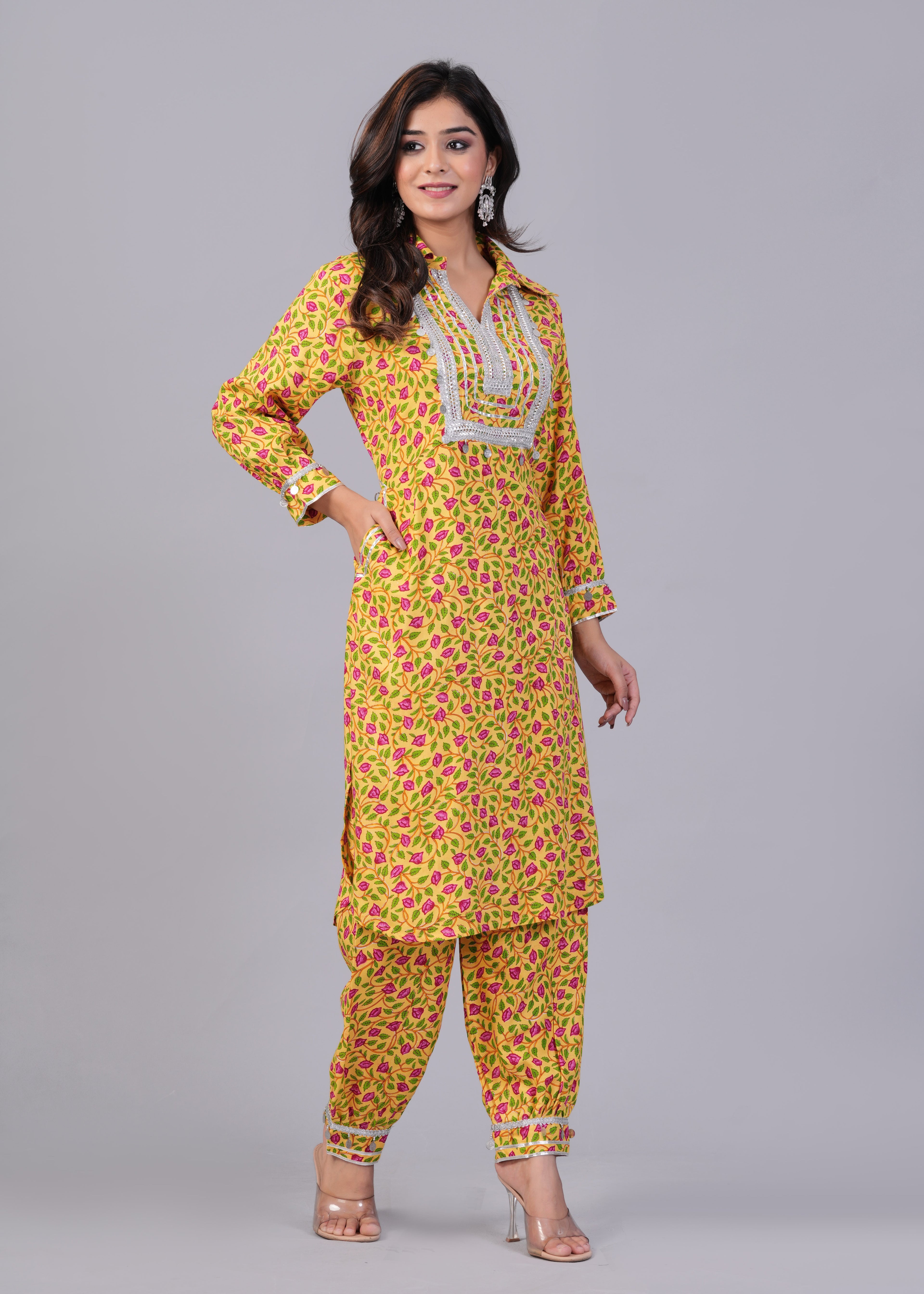 Yellow Floral Printed Rayon Mirror Work Pathani Suit Set