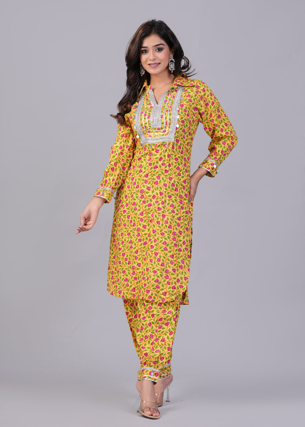 Yellow Floral Printed Rayon Mirror Work Pathani Suit Set