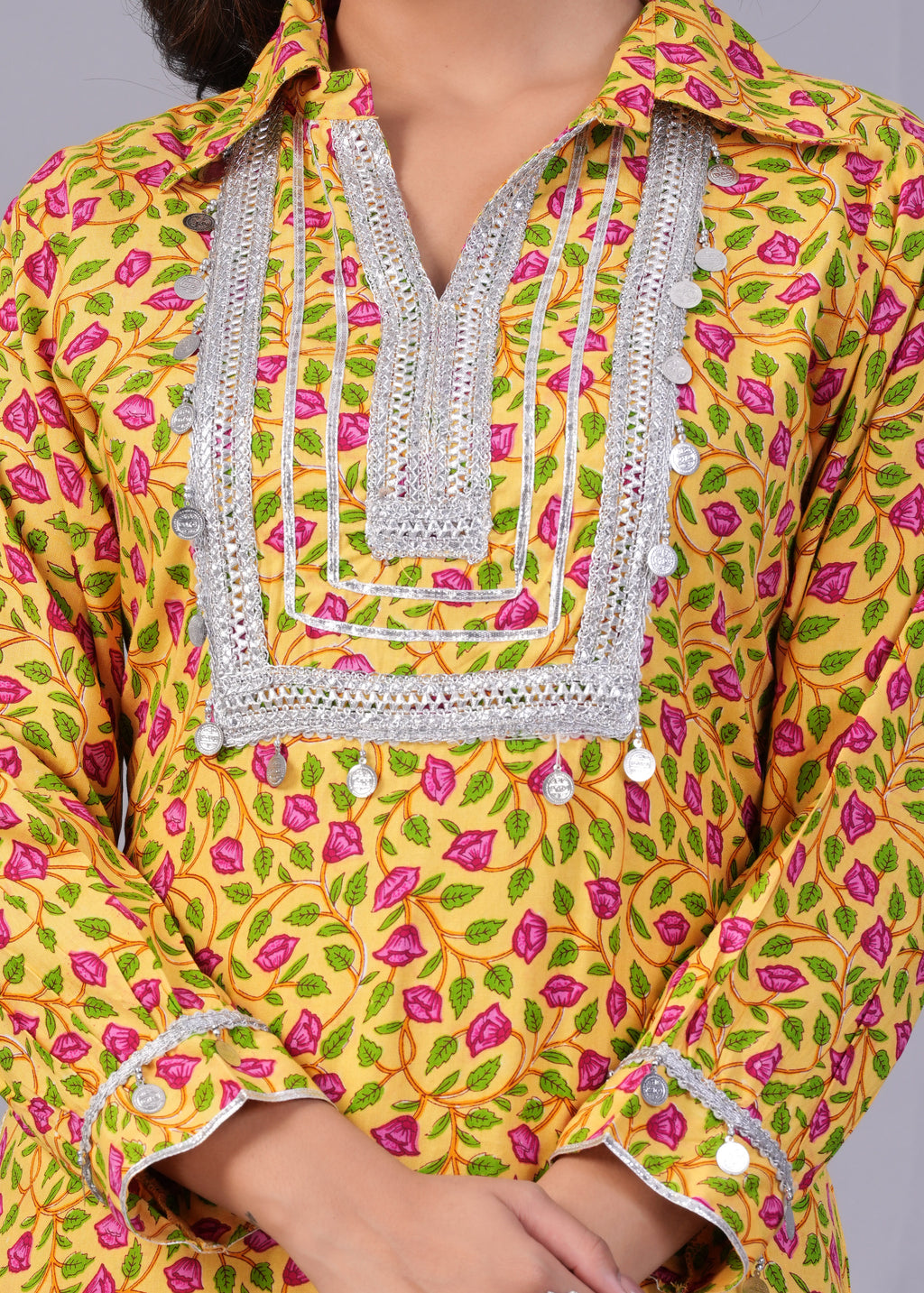 Yellow Floral Printed Rayon Mirror Work Pathani Suit Set