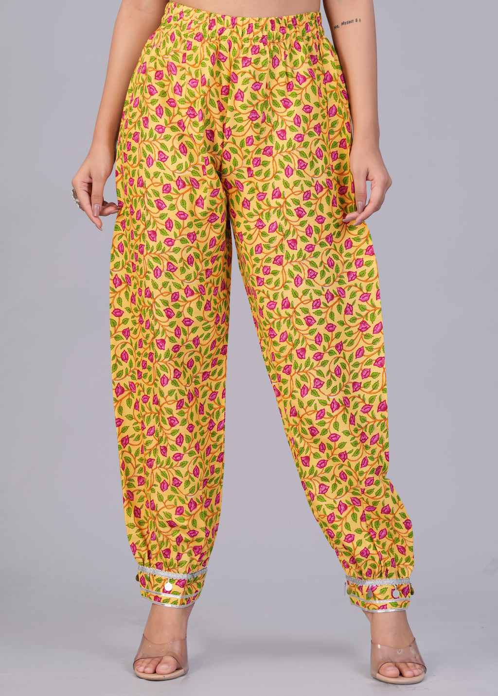 Yellow Floral Printed Rayon Mirror Work Pathani Suit Set