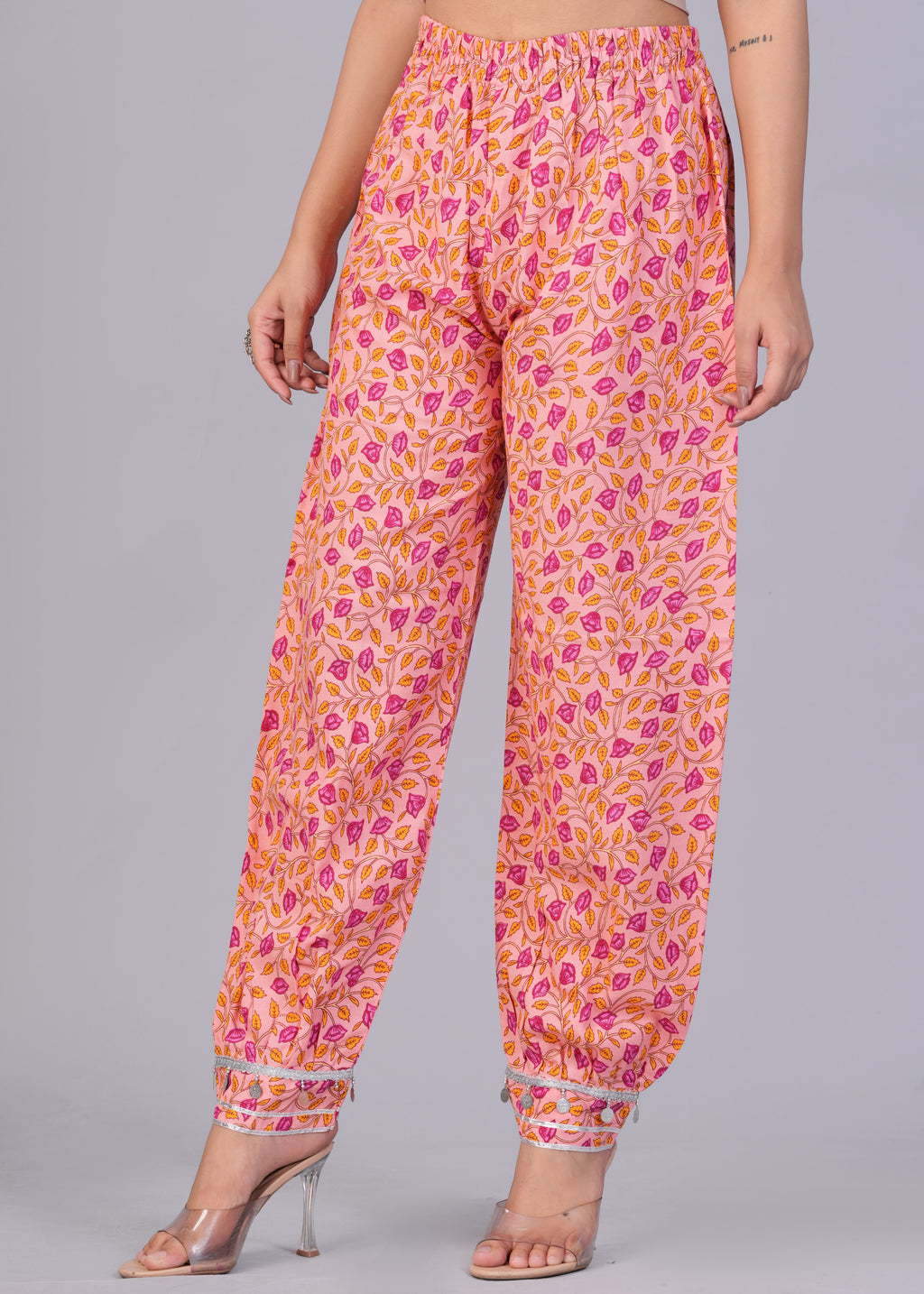 Peach Pink Leaf Print Mirror Work Rayon Pathani Suit Set