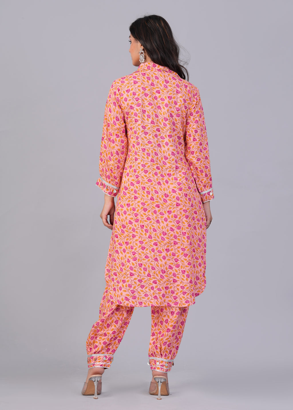 Peach Pink Leaf Print Mirror Work Rayon Pathani Suit Set