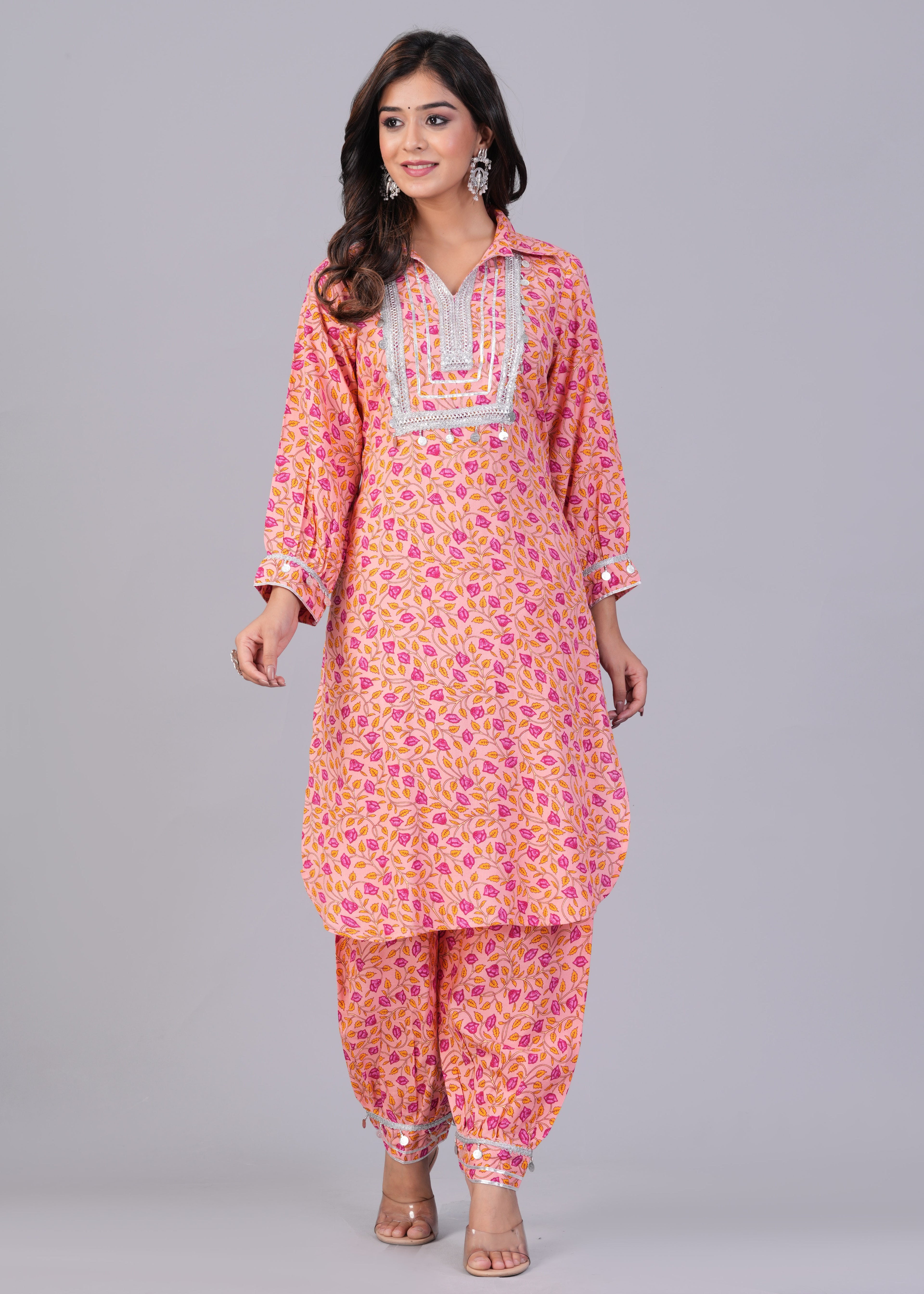 Peach Pink Leaf Print Mirror Work Rayon Pathani Suit Set